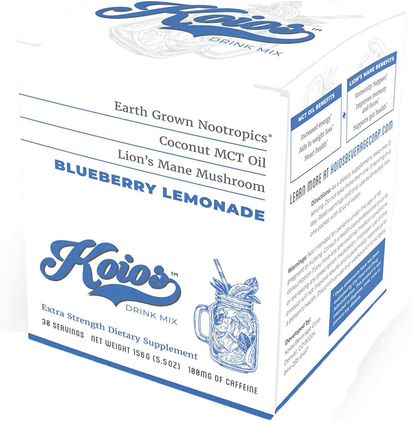 KOIOS - Extra Strength Nootropic Powder Stick Pack, Enhance Brain Function, Improve Memory & Productivity, Contains Lion’s Mane & Chaga Mushroom, MCT Oil, 100mg Caffeine (Blueberry Lemonade, 15 Count)
