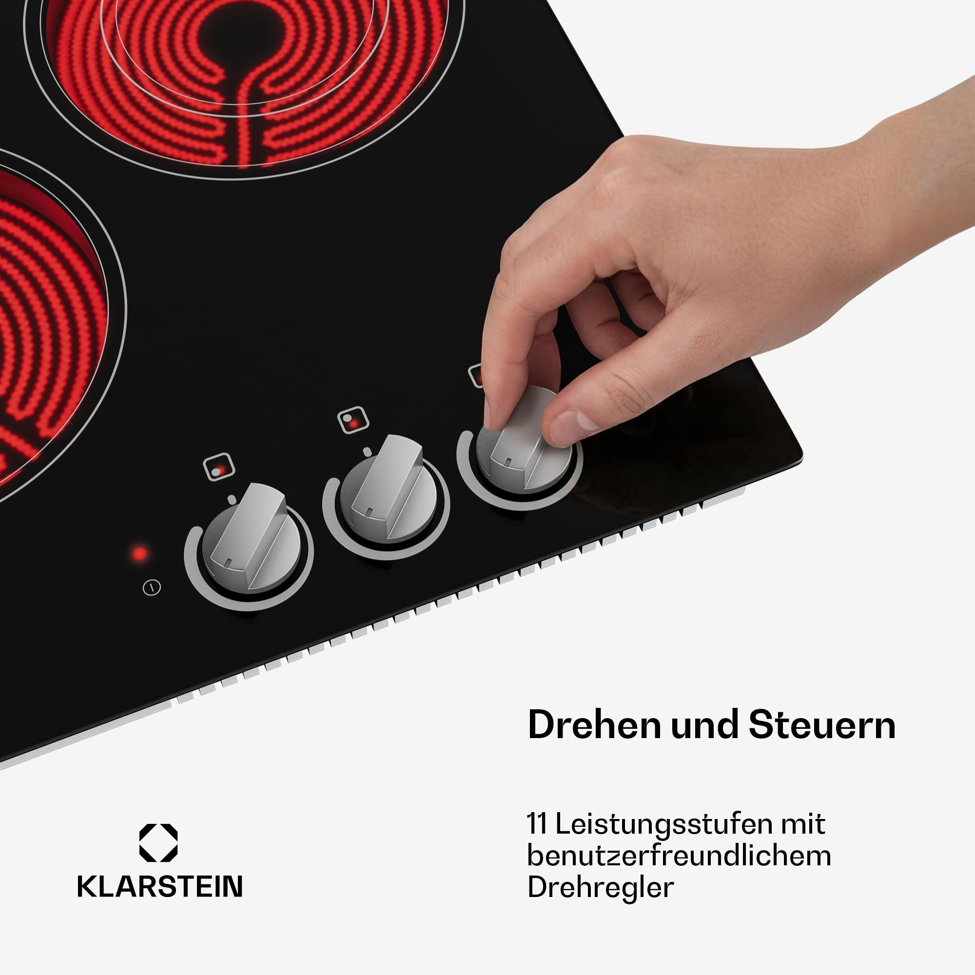Klarstein Glaskeramik-Kochfeld – 45 cm Glasoberfläche, 3-Zonen-Elektrokochfeld mit Dual-Zone, Drehregler, 4700 W, Restwärmeanzeige & Kindersicherung, leicht zu reinigende Kochfläche