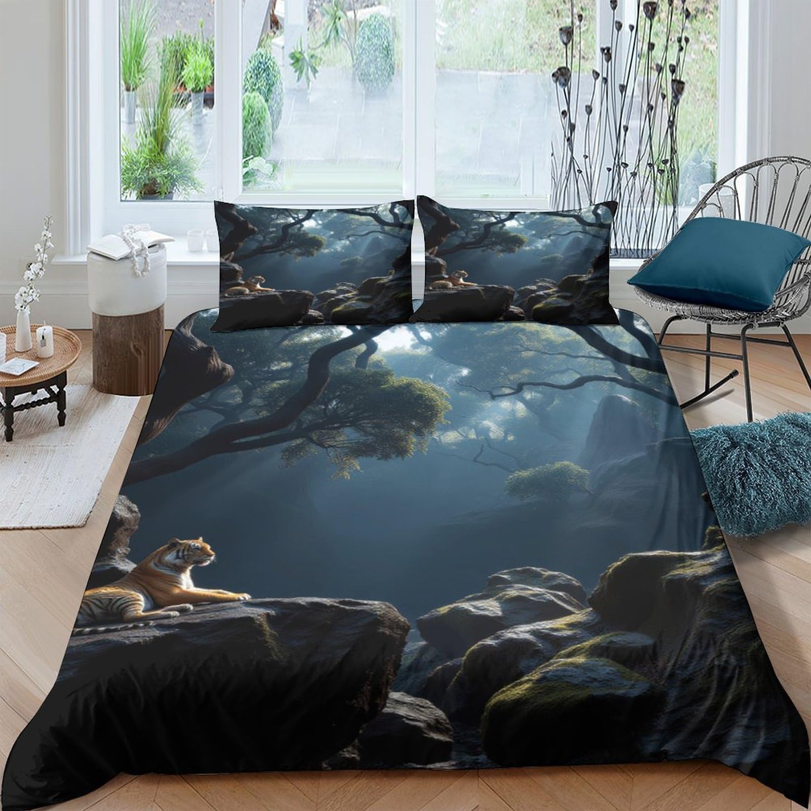 Ctjqhvkz Style-4 3D Printed Forest Sunbeam Fitted Sheet Microfiber Soft Breathable Wolf River Mattress Cover For Bedroom Dorm Room Decor Single（135X200cm）