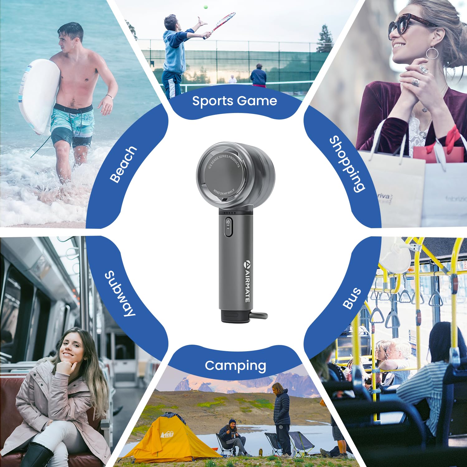 AIRMATE Ventilatore portatile portatile, 5 velocità del vento regolabili, batteria ricaricabile da 3000 mAh, motore durevole, vento super potente da 13000 giri/min, mini ventilatore portatile turbo