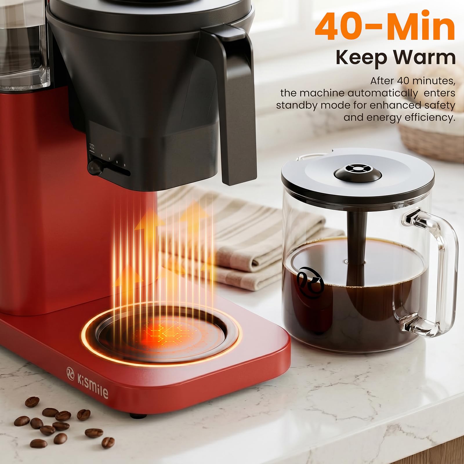 Kismile 8-Cup Coffee Maker, SCA Certified Hot & Cold Brew Coffee Machine, 6-Min Quick Brew, Magnetic Anti-Drip, Keep Warm/Auto-off, Dishwasher Safe, DIY Manual Mode, 44oz Removable Reservoir, Red