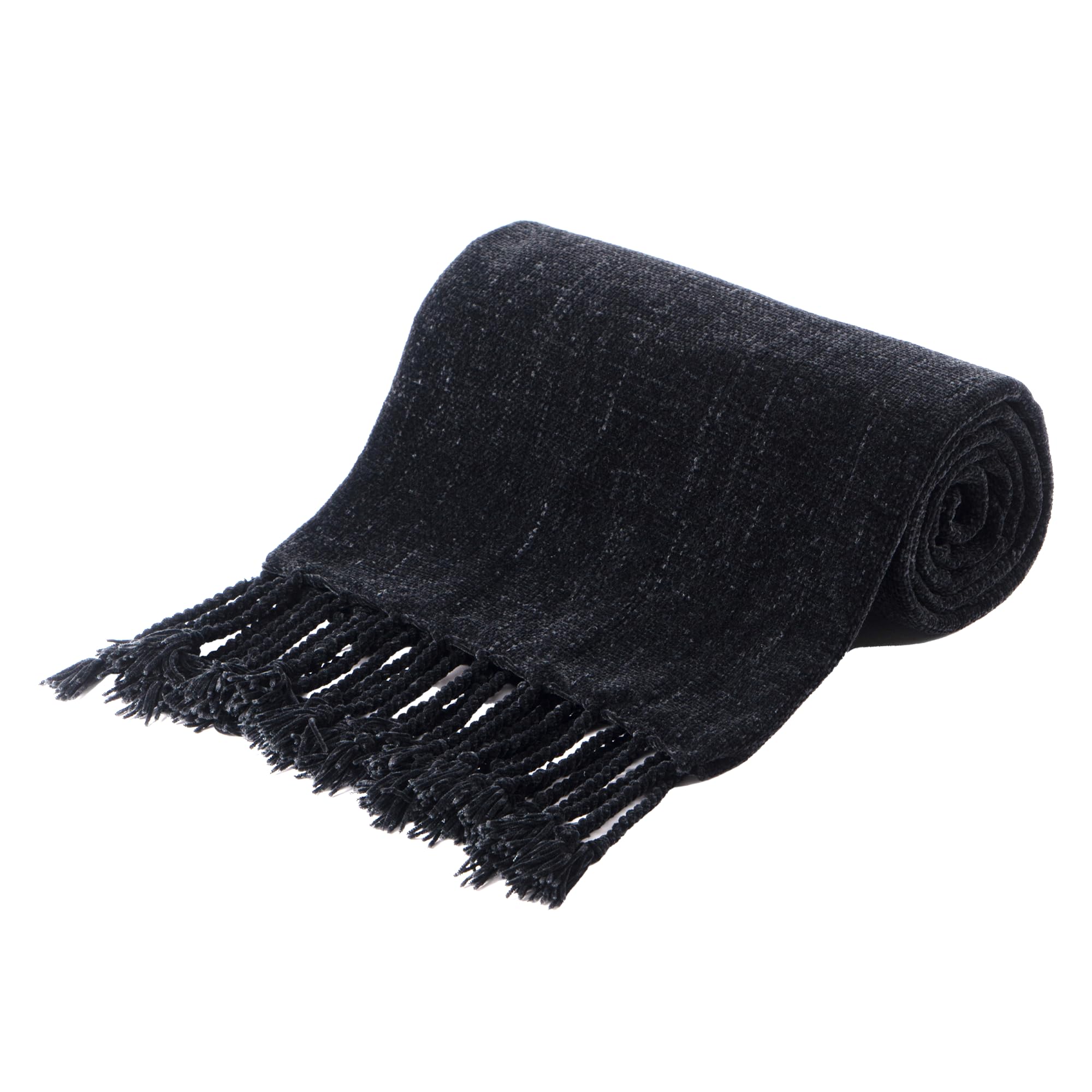 BATTILO HOME Black Throw Blanket for Couch Bed Sofa, Soft Cozy Chenille Throw Blanket with Fringe Tassels, Lightweight Knitted Black Blankets for Home Decor,130×150cm