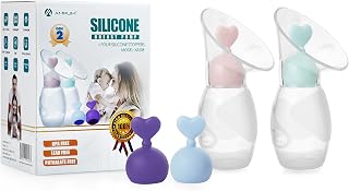 Amplim Manual Breast Pump | Gen 2 Food Grade Silicone Collector for Breastfeeding Nursing Mom with 4 Milk Stoppers | Must Haves Registry Essentials for Newborn, Infant, Baby | 4 oz (Blue + Pink)
