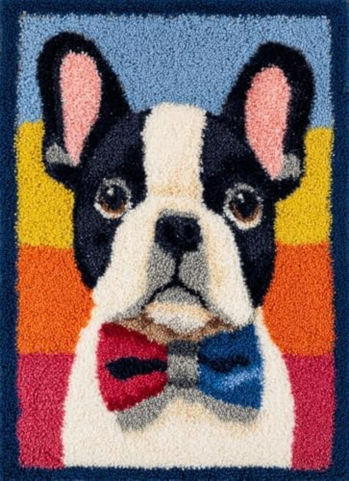 XDEGHUANGSS Latch Hook Rug Kit French Bulldog Puppy with A Bow Tie Cushion Cover DIY Craft Set Pre-Printed Mat 38x52cm for Home Decor