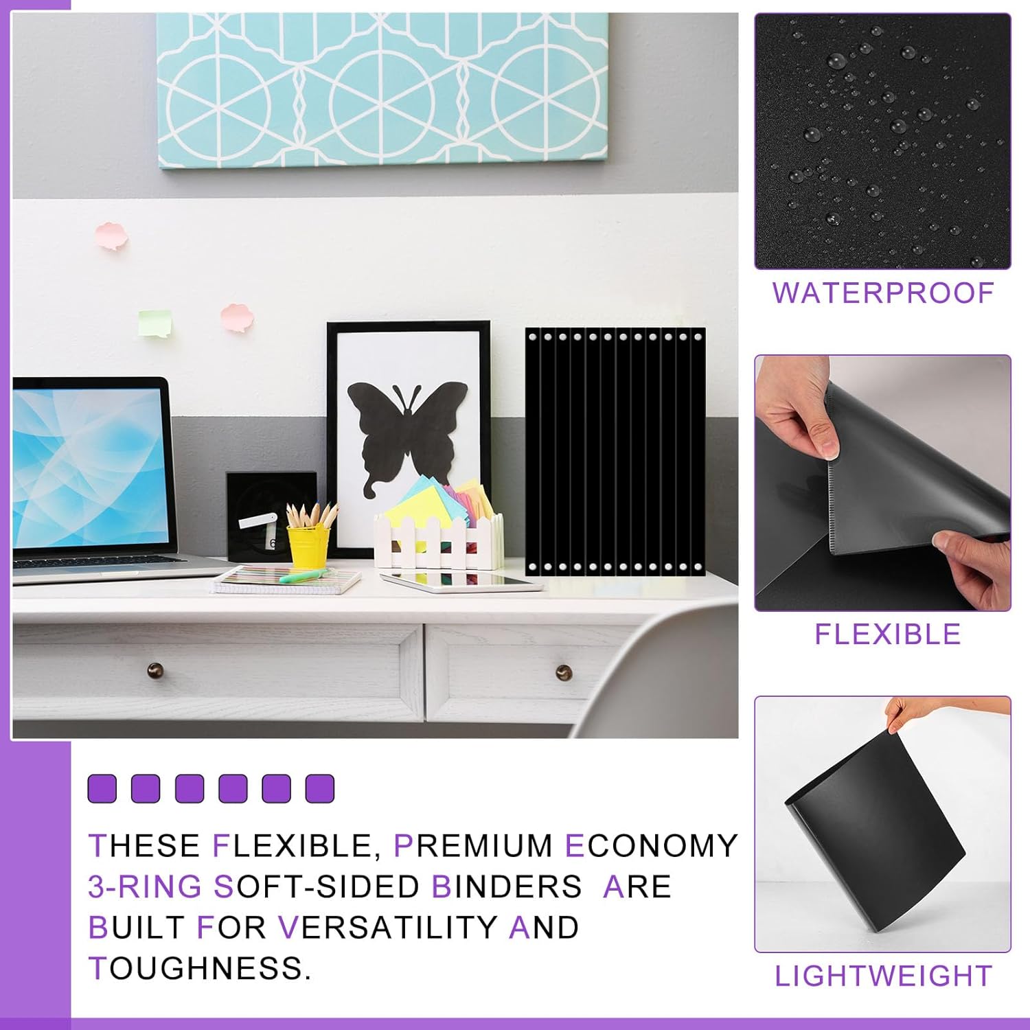 Fulmoon 24 Pcs 3 Ring Plastic Binders Bulk with 2 Pockets Flexible Binder with Transparent View Cover Plastic Binder for Home Office(1/2 Inch,Black)