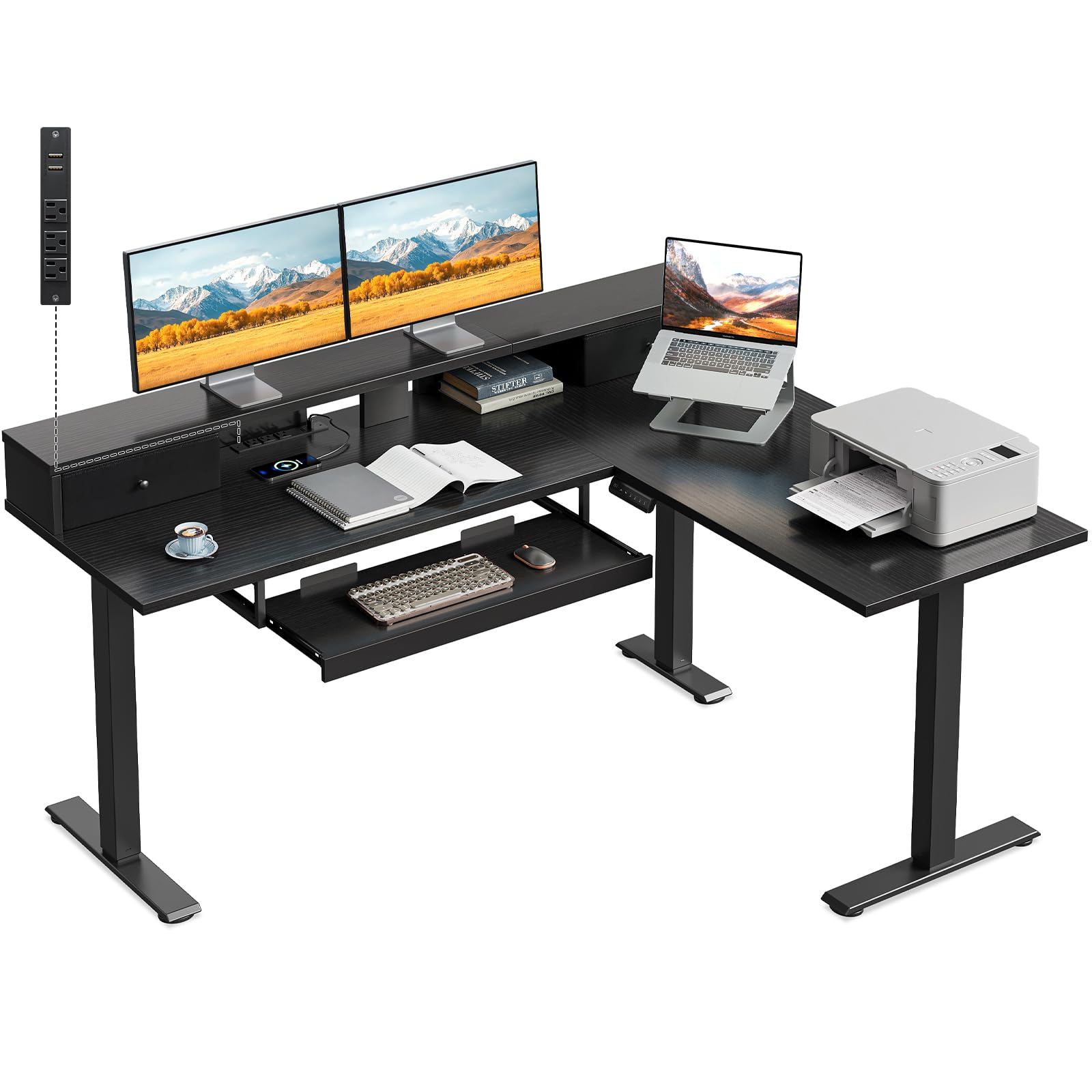 Casaottima 59" L Shaped Electric Standing Desk with Drawers, Black