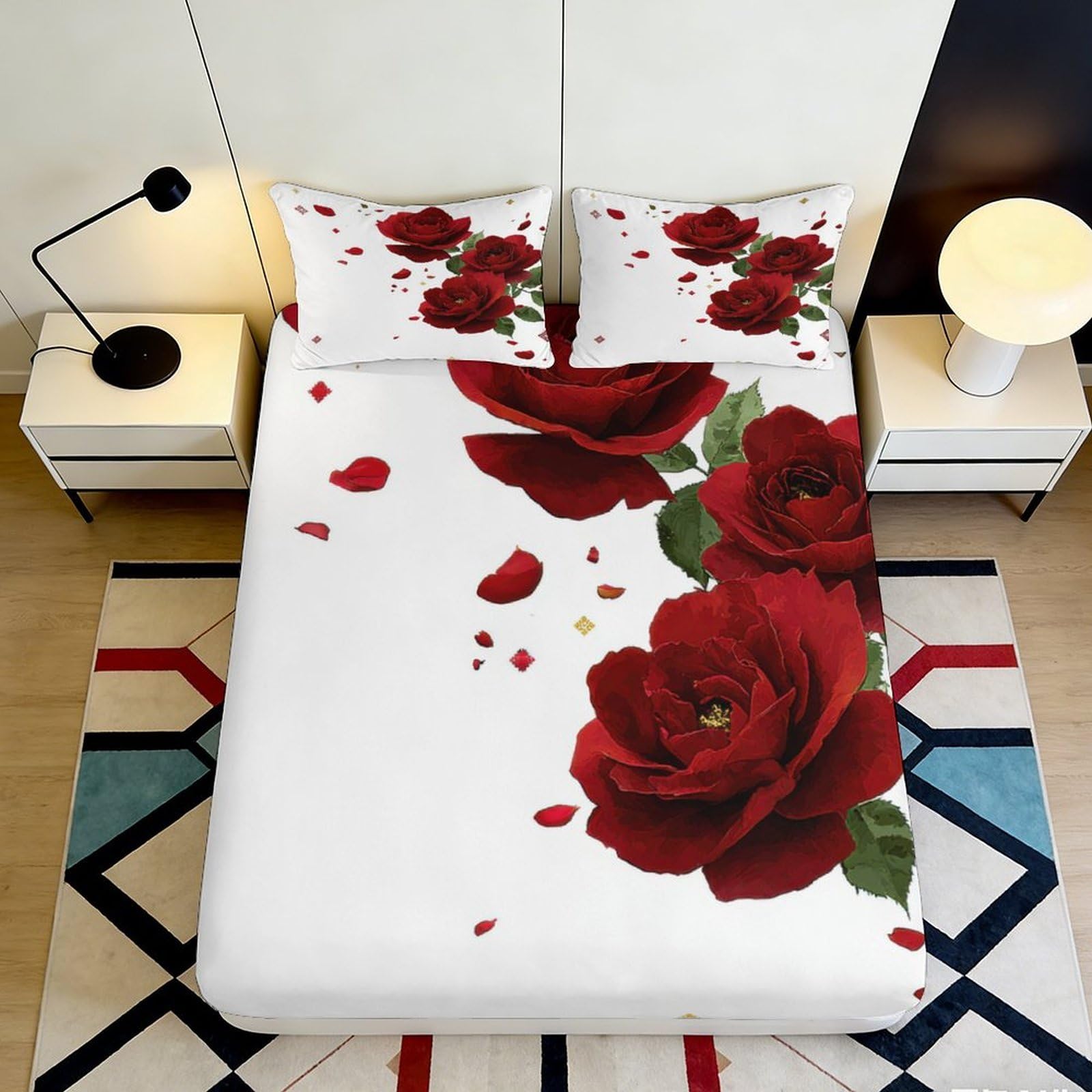 Uxinyoume Style-6 3D Printed Red Rose Fitted Sheet Microfiber Soft Petals Bed Cover For Bedroom Guest Room Decor Mattress Protection 90X200x25cm