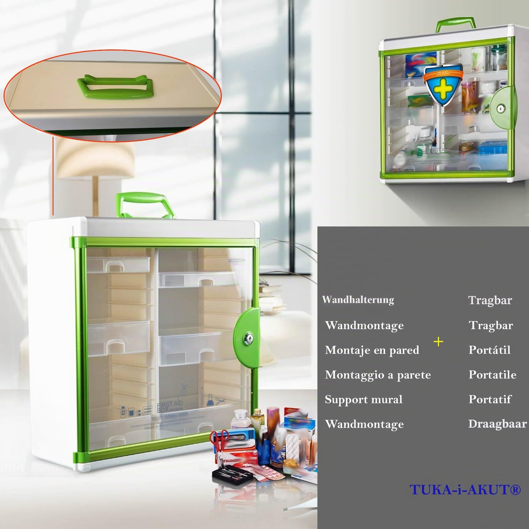 TUKA-i-AKUT Alu Medizinschrank Abschließbar, 5 Fächer Wand Arzneischrank Hausapotheke Erste Hilfe Schrank Arzneischrank Aluminium Rahmen, 2 Schlüssel und Montagematerial, 40x40x17cm TKD6401-L