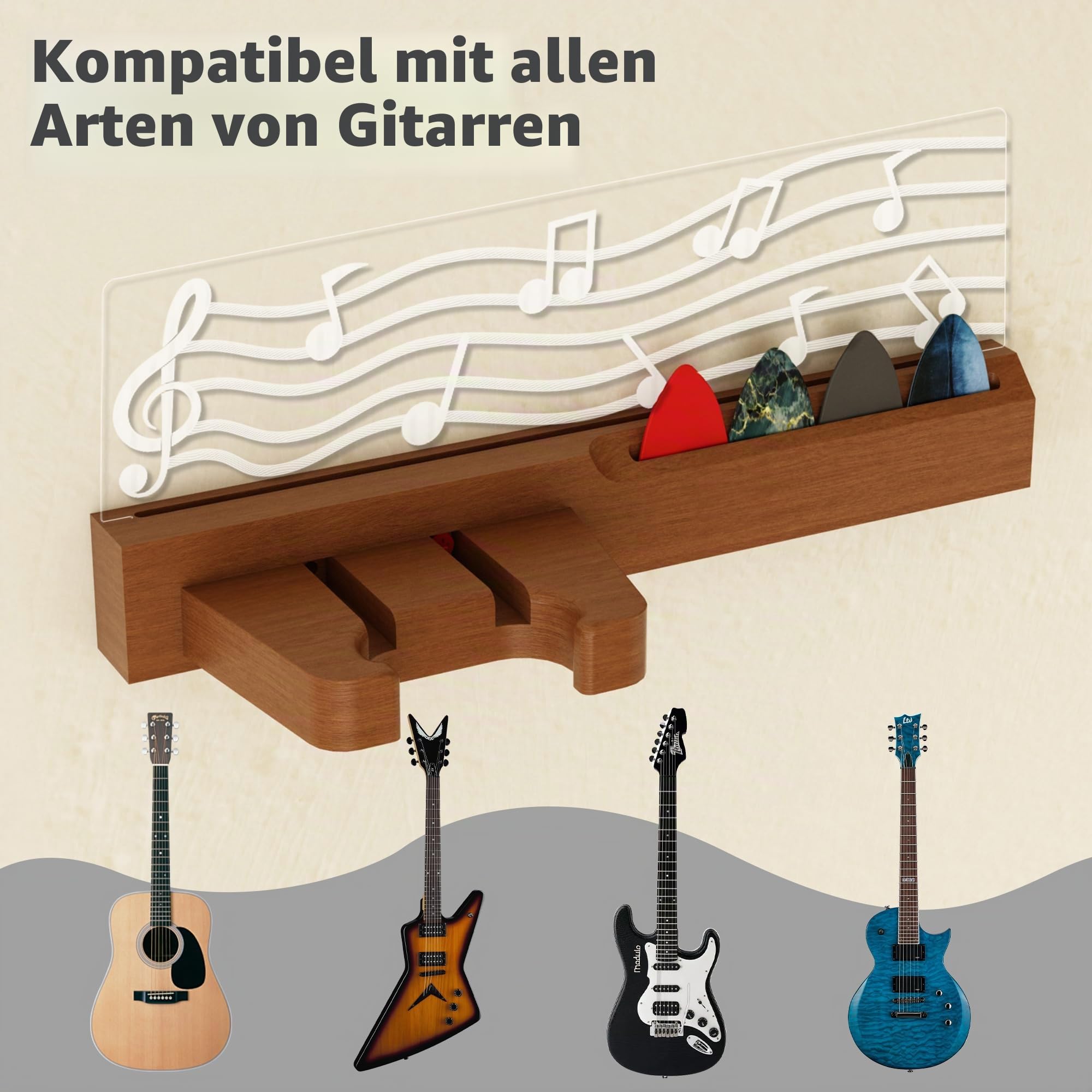 CoolGift Mart Gitarren Wandhalterung, Gitarren geschenk mit LED-Beleuchtung, Gitarrenhalter für die Wand, Notenblatt Design, für Akustik-Elektro-Bass-Ukulele