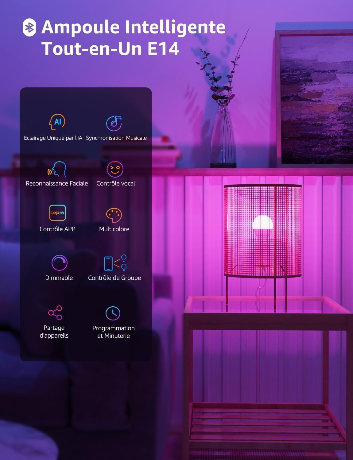 Lepro BP1 IA Ampoule Connectée E14, Concepteur d'Éclairage IA Personnalisé, Compatible avec Alexa et Google Assistant, G45 WiFi et Bluetooth, Multicouleurs RGBCCT, Contrôle Vocal, Music Sync, 4 PCS