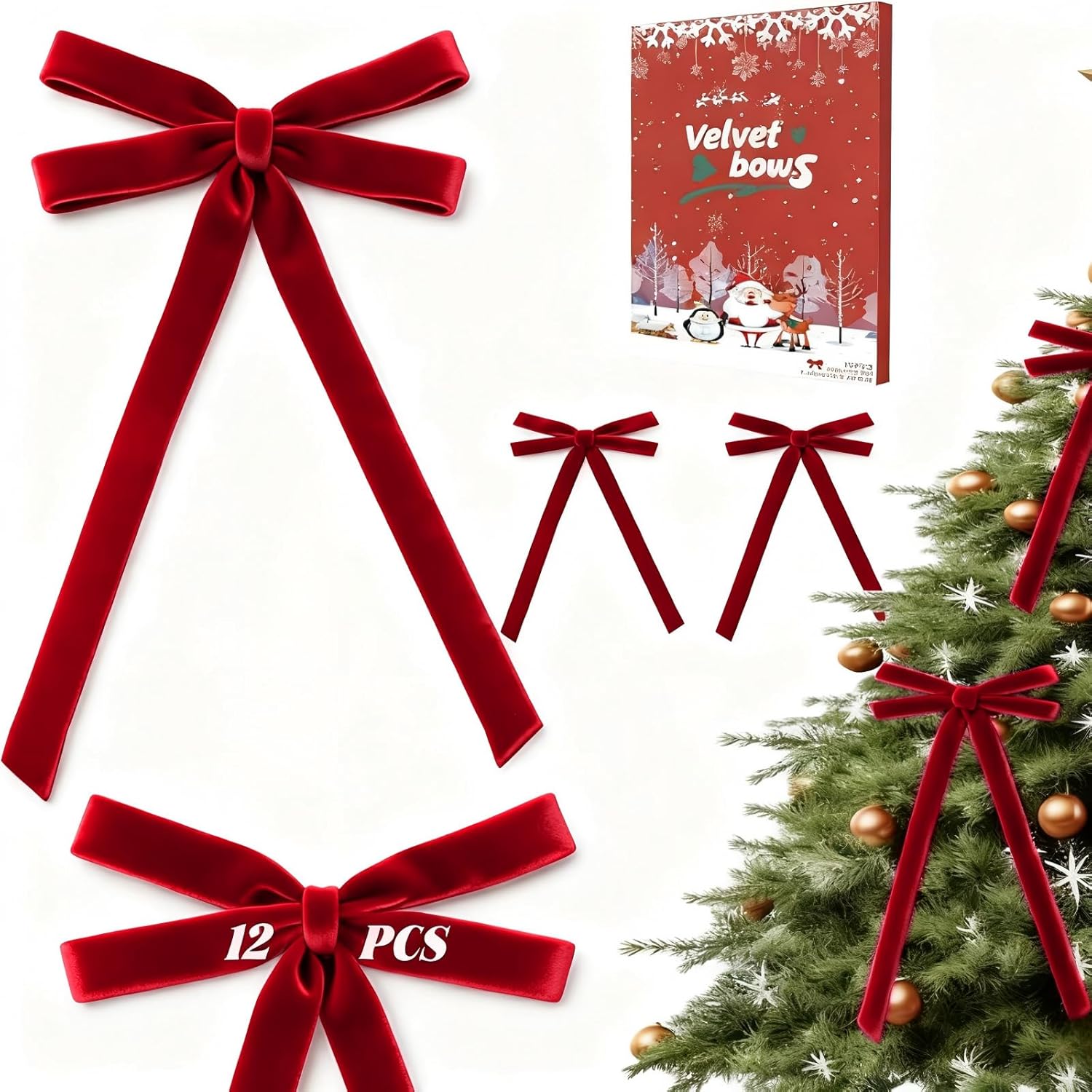 12 Pcs Red Velvet Bows for Christmas Tree, Rustic Crafts Velvet Ribbon for Wreath, Xmas Home Decor, Wedding, Outdoor & Indoor Holiday Ornaments, Pre-Formed Bows (7.8×17.7 Inch) Red Medium Double Bows