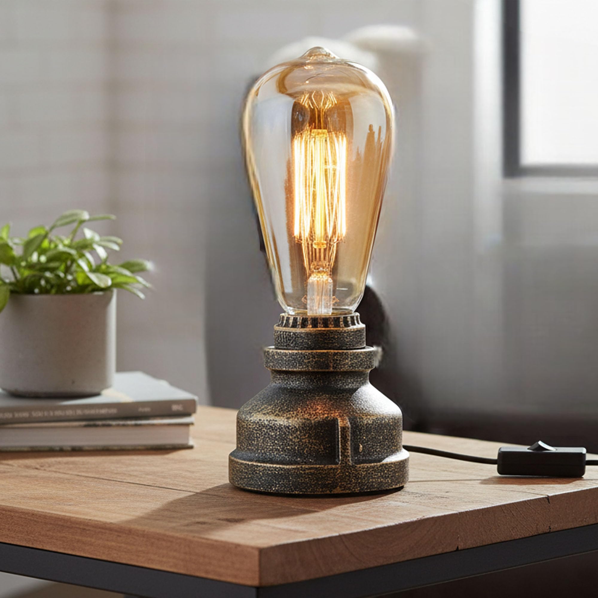 LEDSone Vintage Steampunk Pipe Table Lamp Industrial Brushed Copper Desk Light Retro Bedside Night Lamp with E27 Holder for Bedroom, Living Room, Office Décor