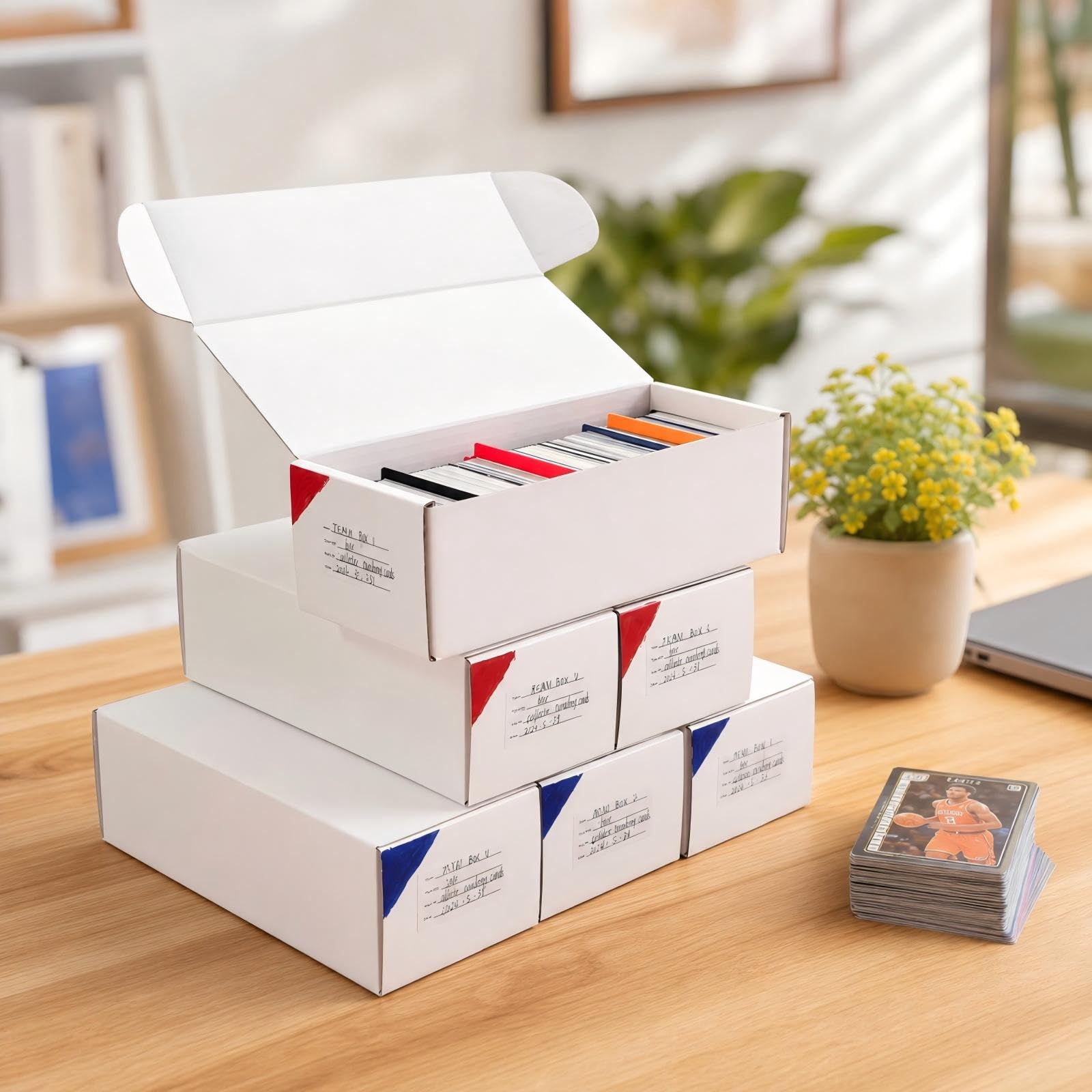 Scatole portaoggetti per carte, confezione da 6, 3600 pezzi, scatole di cartone per carte sportive, giochi da collezione e carte collezionabili, scatola per collezionisti di carte, 3 pennarelli