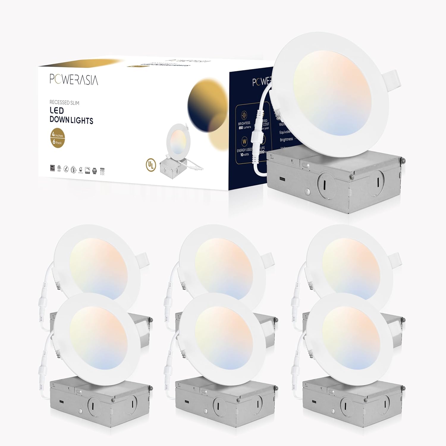 6 Pack 4 Inch UL Certified LED Recessed Lighting with Junction Box, 5CCT 2700K-6000K Selectable Ceiling Light, 10W 850lm Ultra-Thin Recessed Downlight-Energy Star Certified