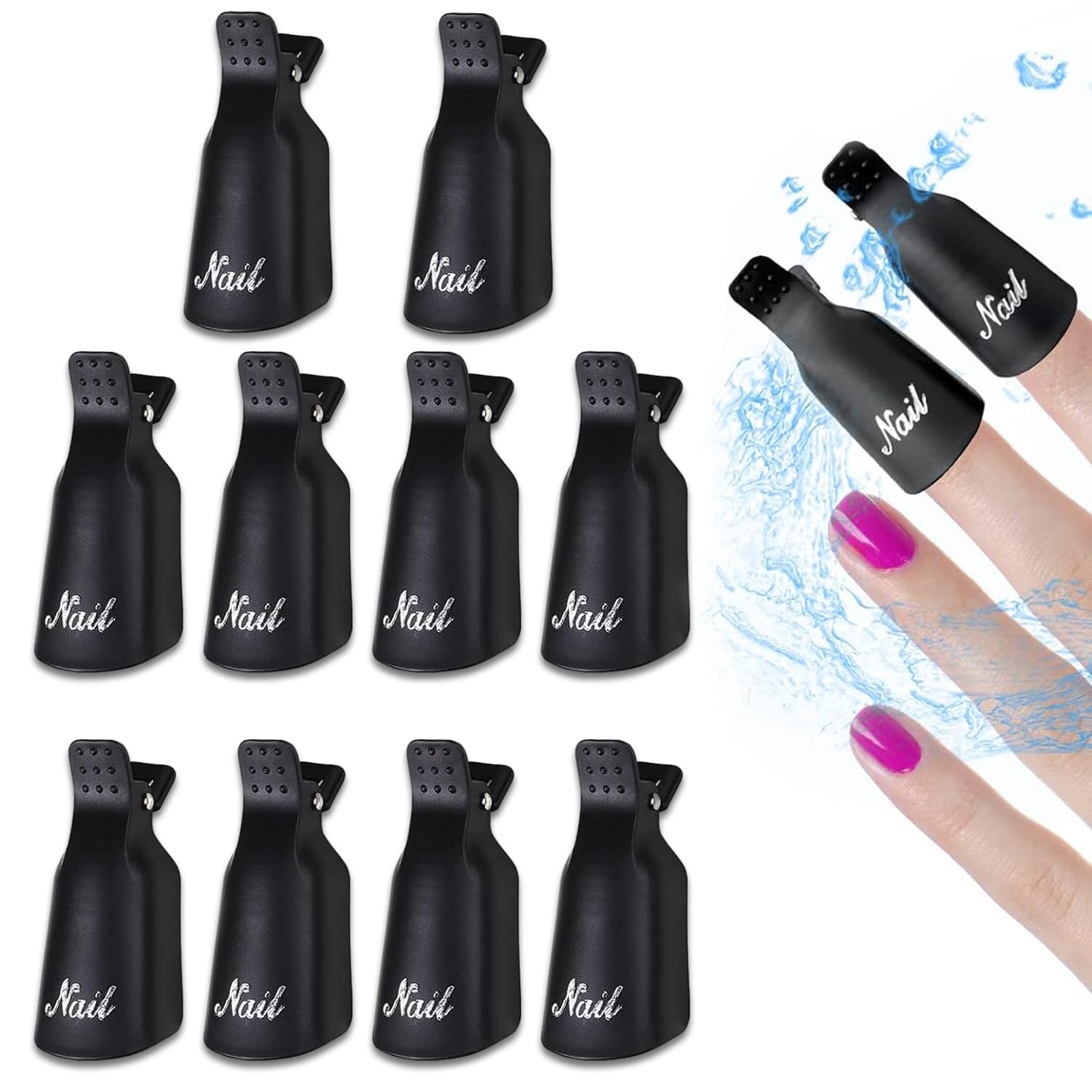 10 PCs Soak Off Nail Clips Set, Acrylic Nail Art Remover, Plastic Reusable Gel Nail Polish Remover Clips for Removing Gel Polish, Black