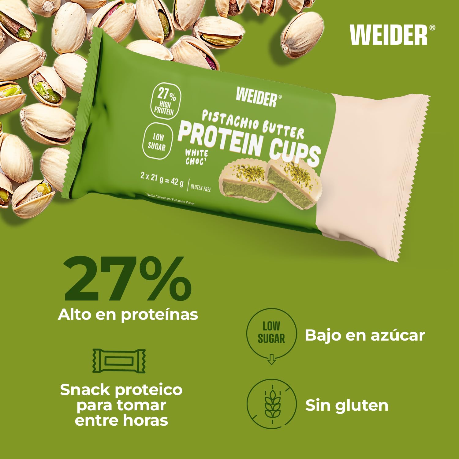 Weider Protein Cups Pistachio Butter (20x42g) Tartaletas con Alto Contenido de Proteínas y Bajo en Azúcar, con cobertura de Chocolate, Sin gluten (20 sobres de 2 tartaletas)