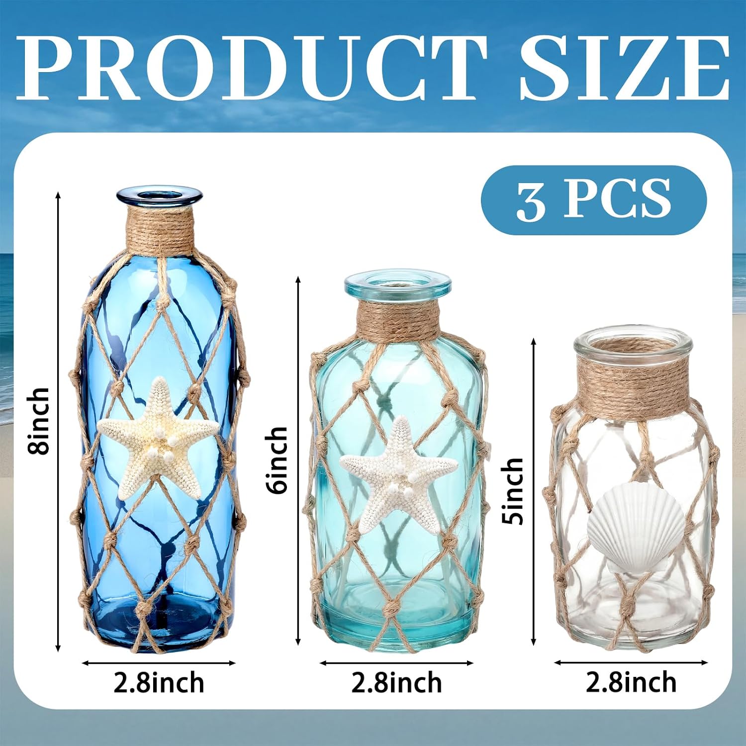FoldTier Coastal Glass Vases Set of 3 Rustic Beach Vases for Flowers Natural Starfish Shell Jute Rope Sea Glass Bottle Farmhouse Nautical Home Decor for Table Mantel Shelf Living Room Kitchen Bathroom