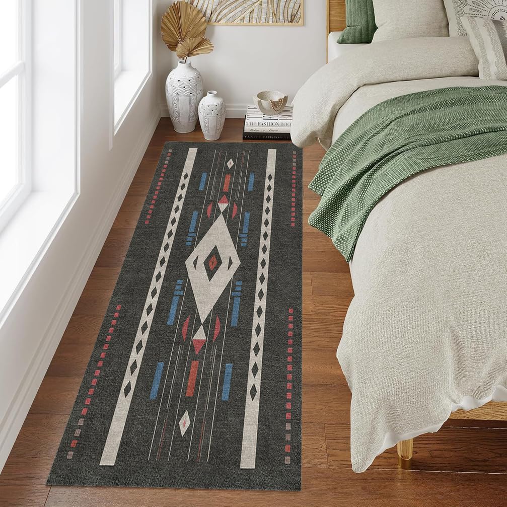 Tappeto Passatoia Antiscivolo 1.8 Metri, Tappeto lavabile per cucina, Tappeto Corridoio Interno Lungo per Ingresso Cucina Camera da Letto Casa，90 x 180 cm,Nero，Motivo Geometrico Moderno