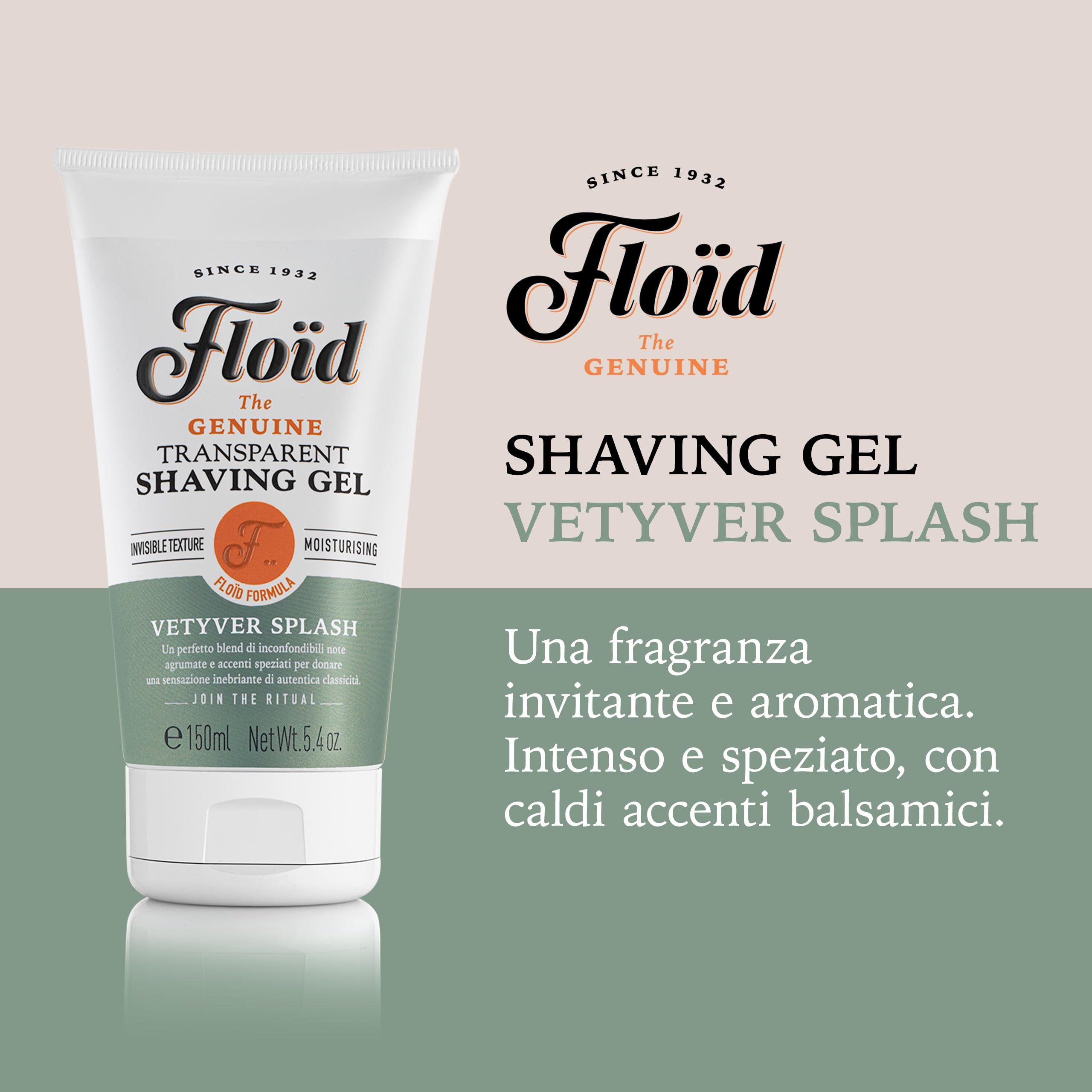 Floïd Transparent Shaving Gel Vetyver Splash (150 ml), Gel da barba profumato con glicerina idratante, Crema da barba trasparente per una rasatura comfortevole