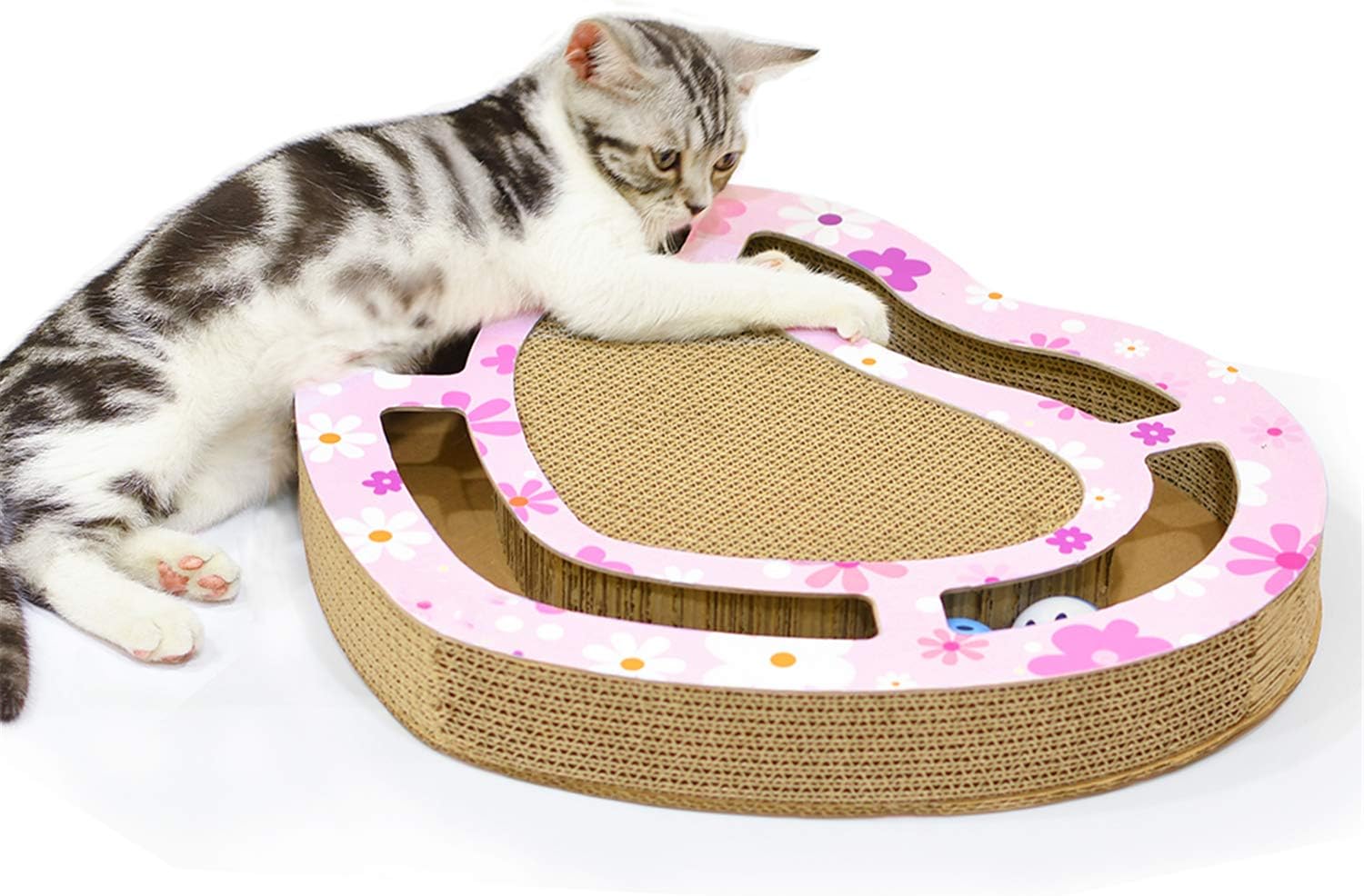 Nittis Heart-Shaped Scratcher Cat Toys with Bell Balls,Deluxe Cat Scratcher Lounge,Cardboard Cat Scratching Post and Cat Bed (Pink)