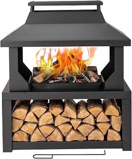 Outvita Outdoor Fireplace with Built-in Firewood Storage, Heavy Duty Steel Fire Pit with Chimney, Removable Fire Bowl & Poker, Idea for Patio Garden Backyard Deck, Black