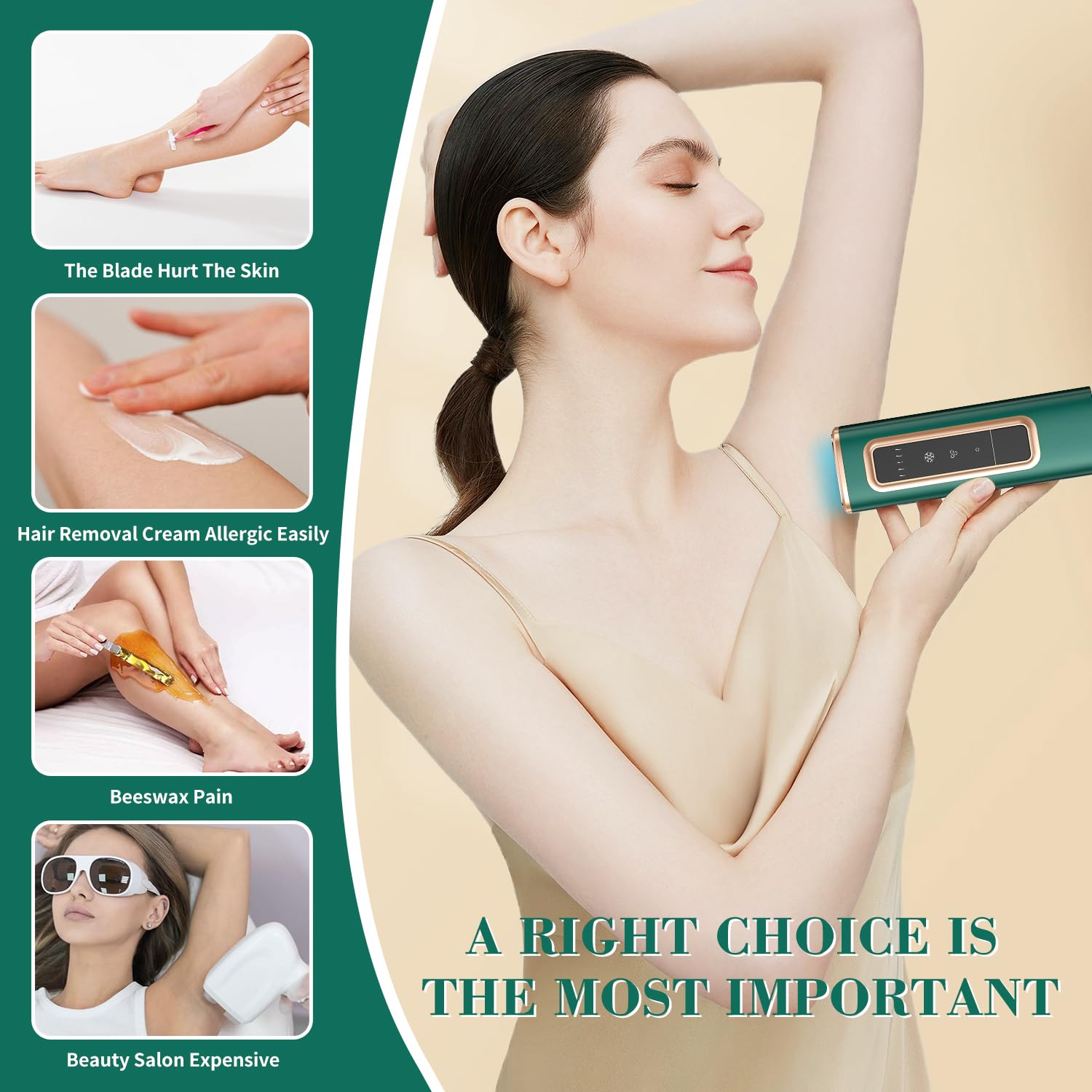 Dispositivo di depilazione laser IPL con raffreddamento a ghiaccio, per donne e uomini a casa, flash infinito, epilatore indolore per viso, ascelle, zona bikini, gambe (verde)