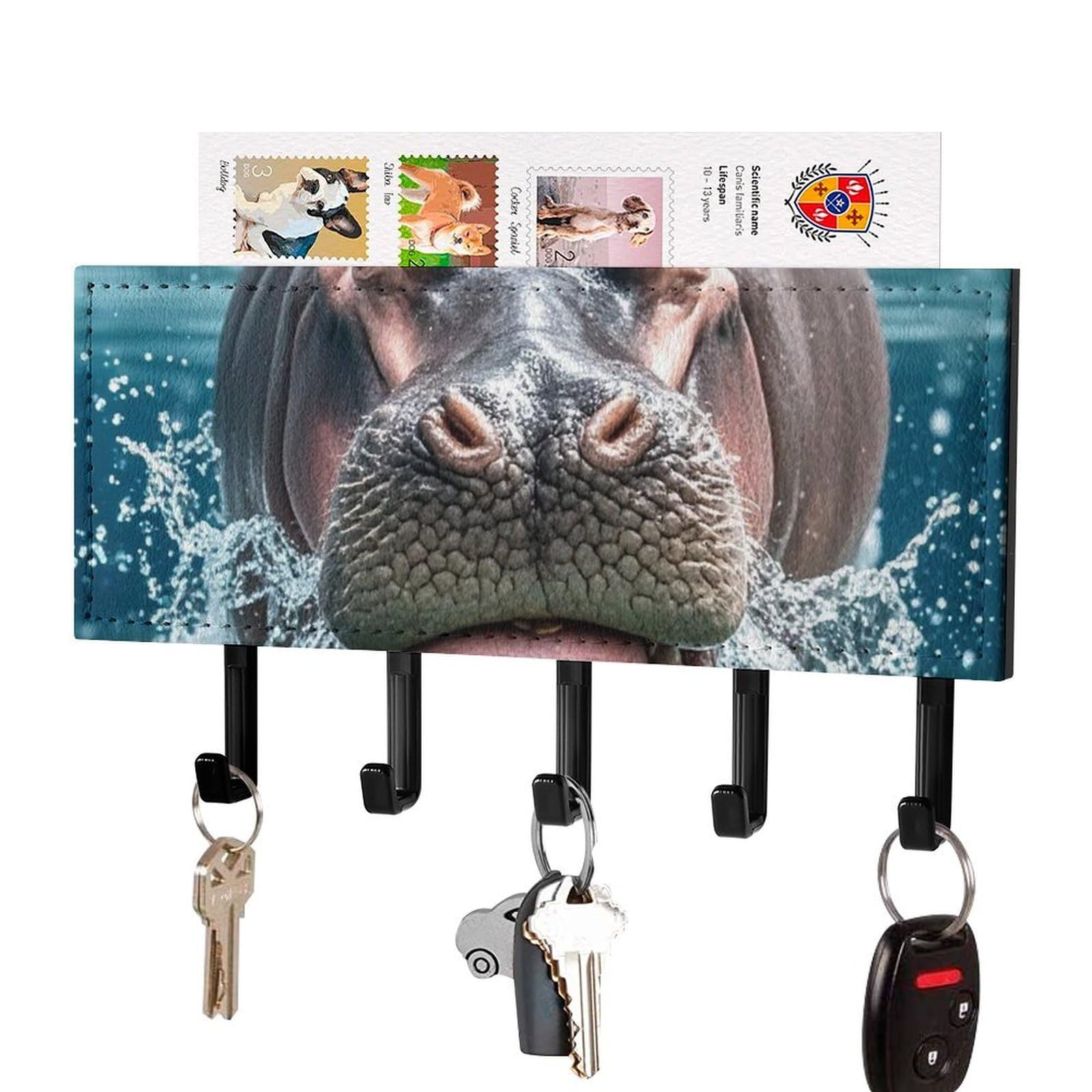 Fekiloot Black-Style Diving Hippo Key Holder Wall Mount Key Hanger With 5 Hooks Decorative Key Rack Hanging Key Hooks With Mail Organizer Key Holder For Wall Living Room Kitchen Bathroom Hallway Black
