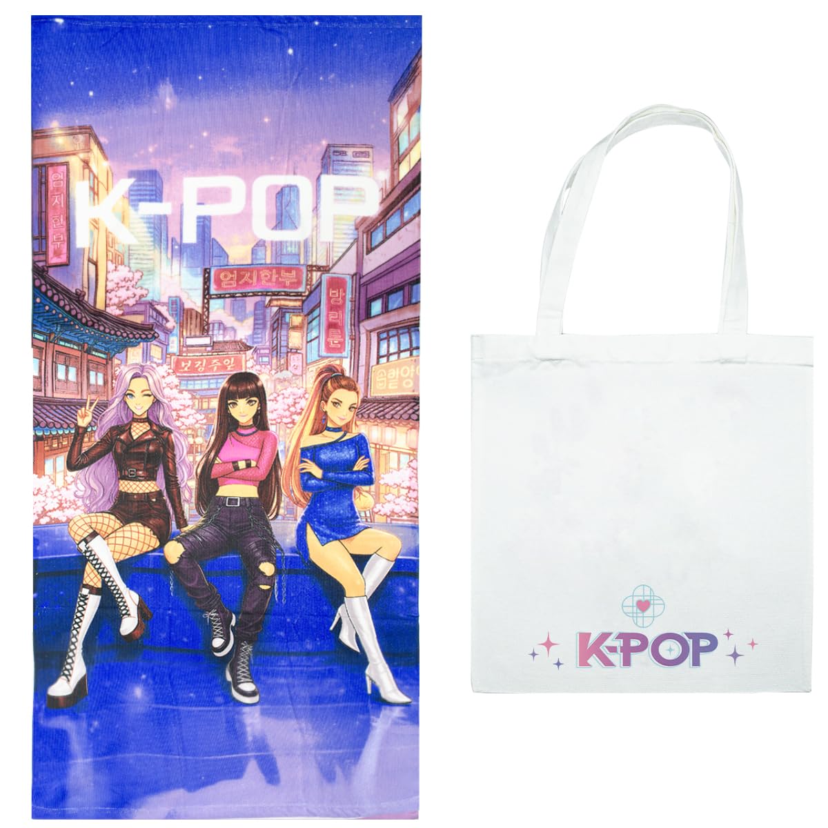 ms móvil shop KPOP Towel with Fabric Bag, Microfiber 100% Polyester, Multicolor, 70 x 140 cm, Lightweight and Absorbent Towel for Beach and Pool (City)