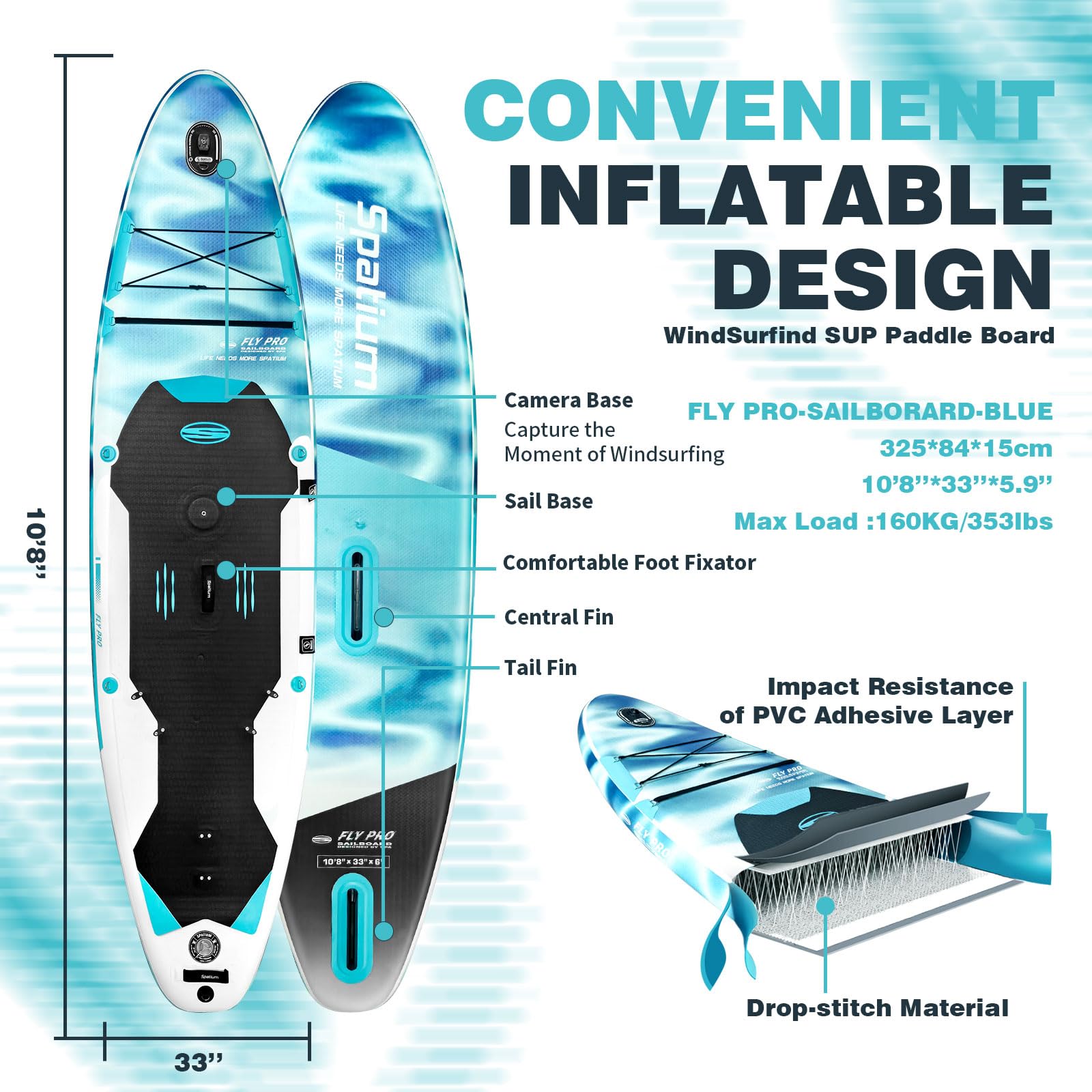 Spatium Windsurf Sail Professionelles aufblasbares Sup Paddle Board Windsurfbrett mit Segel Windsurfing Boards