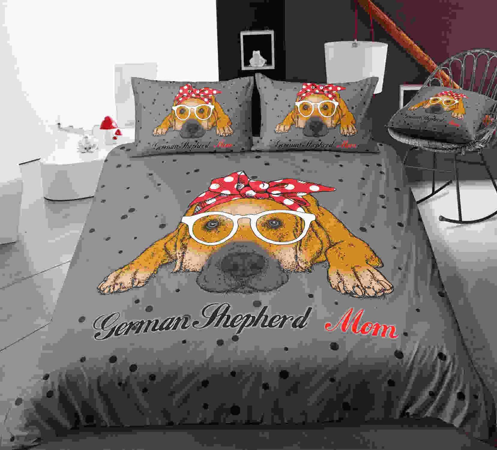 Housse De Couette 3 Pièces 200x200 Cm + 2 Taies 65x65 Cm – Imprimé Chien Géométrique Multicolore – Microfibre Douce, Facile D’entretien