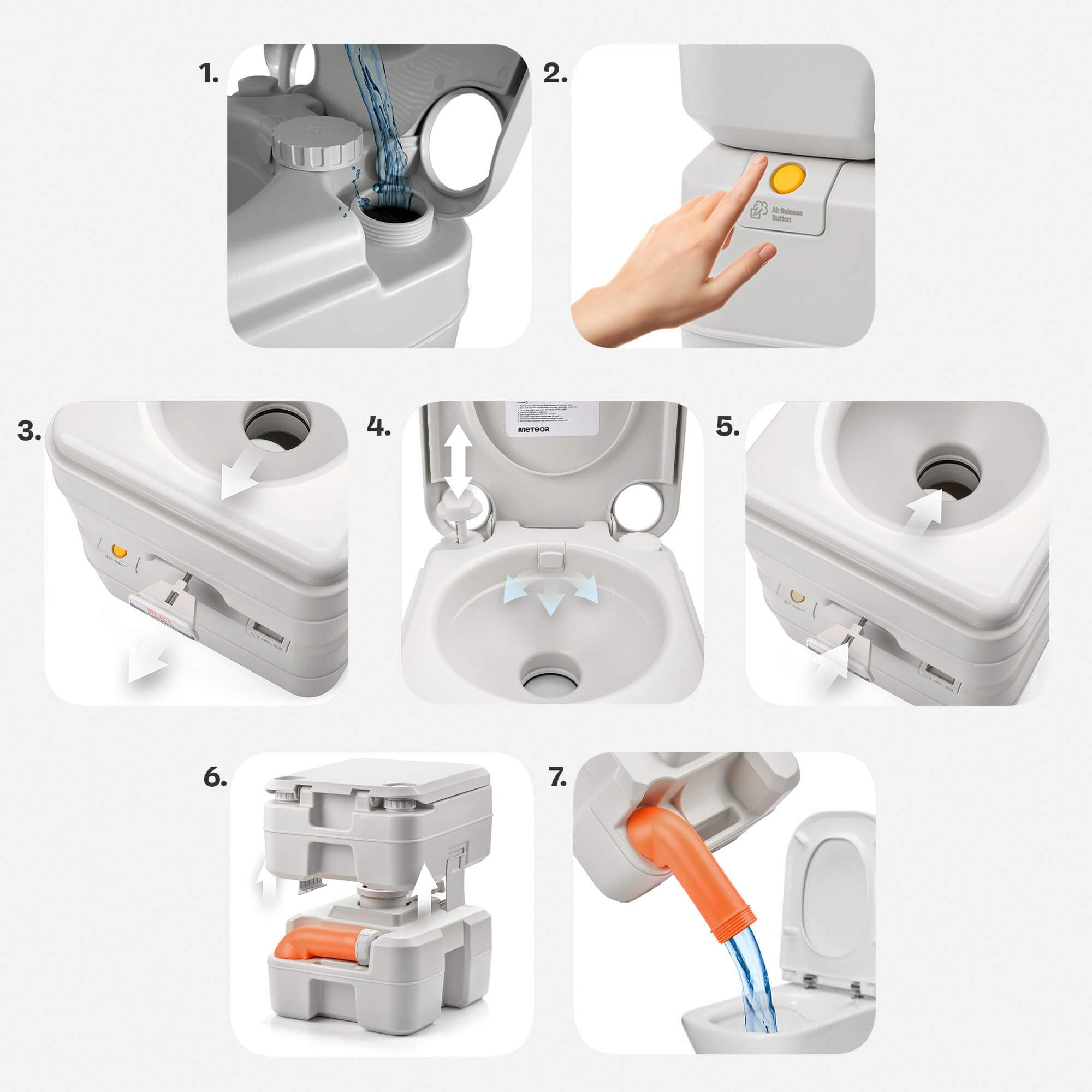 meteor Campingtoilette 20 + 12L Gespült Tank Mobiles WC Touristentoilette Mobile Trenntoilette Autotoilette Camping-Toilette Klo für unterwegs Tragbare Reisetoilette Campingklo bis 200 kg