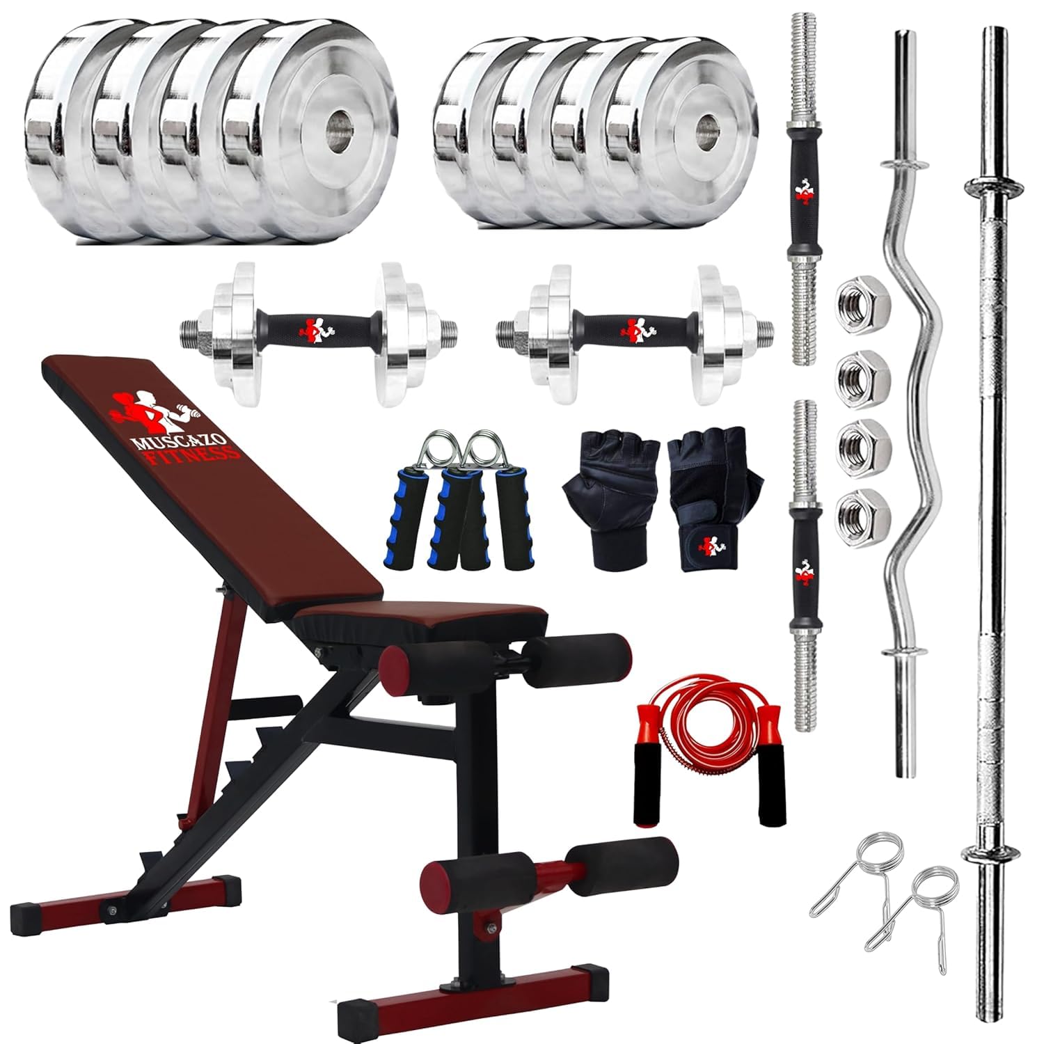 Adjustable Bench with 10KG Steel Weight Plates Home Gym Combo Kit | Includes Steel Plates, Curl Rod, Straight Bar, Dumbbells, Accessories | Full Body Workout Kit for Home Gym-image-48