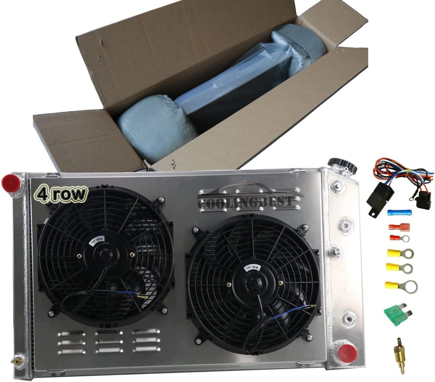 4 Row Aluminum Radiator for 1977-87 Chevy Nova C/K/G/P C10 C20 C30 K10 K20 K30 40 Suburban/Buick Century /77-80 GMC C/K/G 15 25 35 K1500 K2500 K3500 CU162 Radiators Electric Fan Shroud Relay