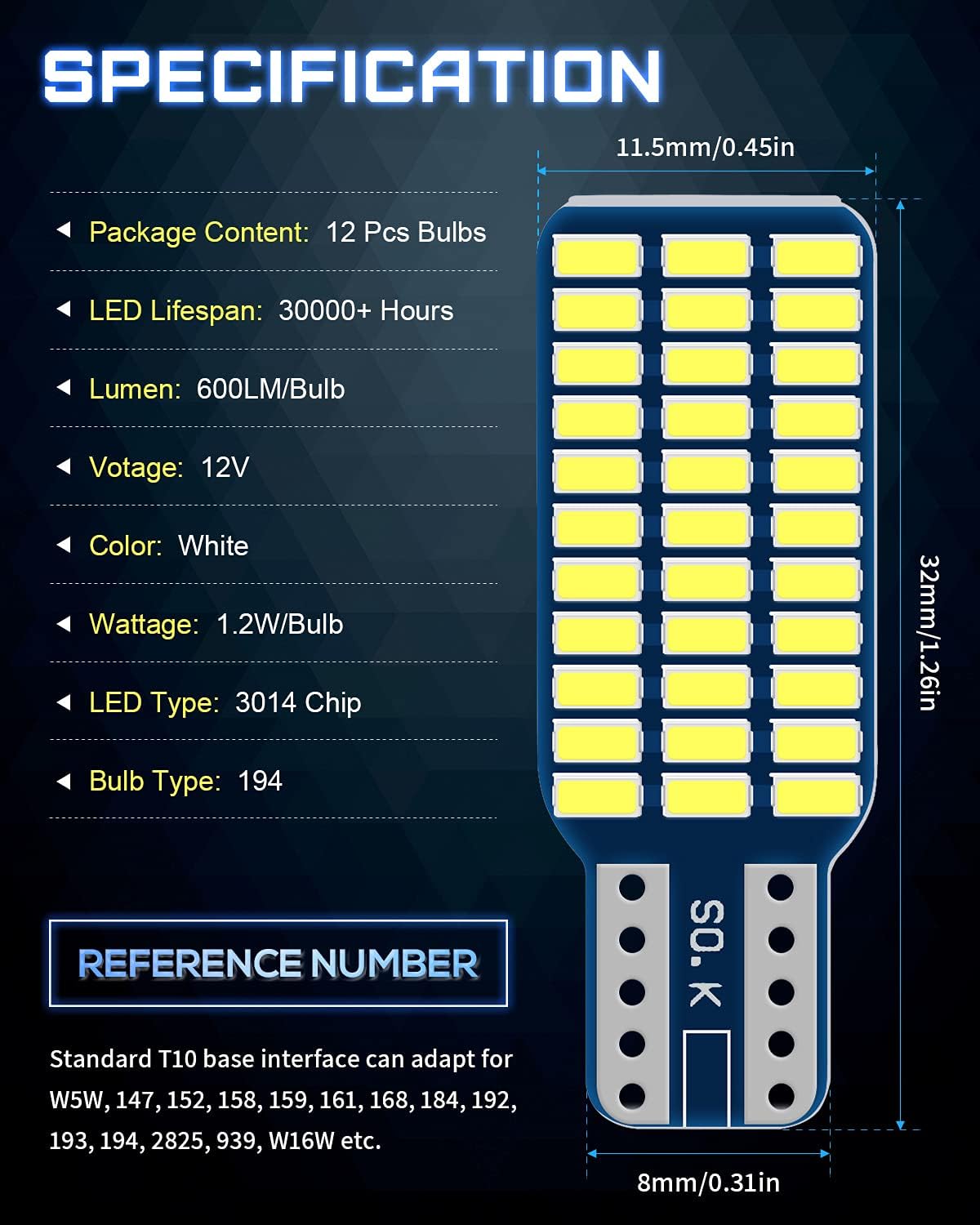 Qoope White 600K T10 194 LED Car Interior Dome Map Light, W5W 2825 168 LED License Plate Light, Upgrade 921 912 T921 RV Camper Interior Bulb Travel Trailer Boat Light 12V (12 Pack)