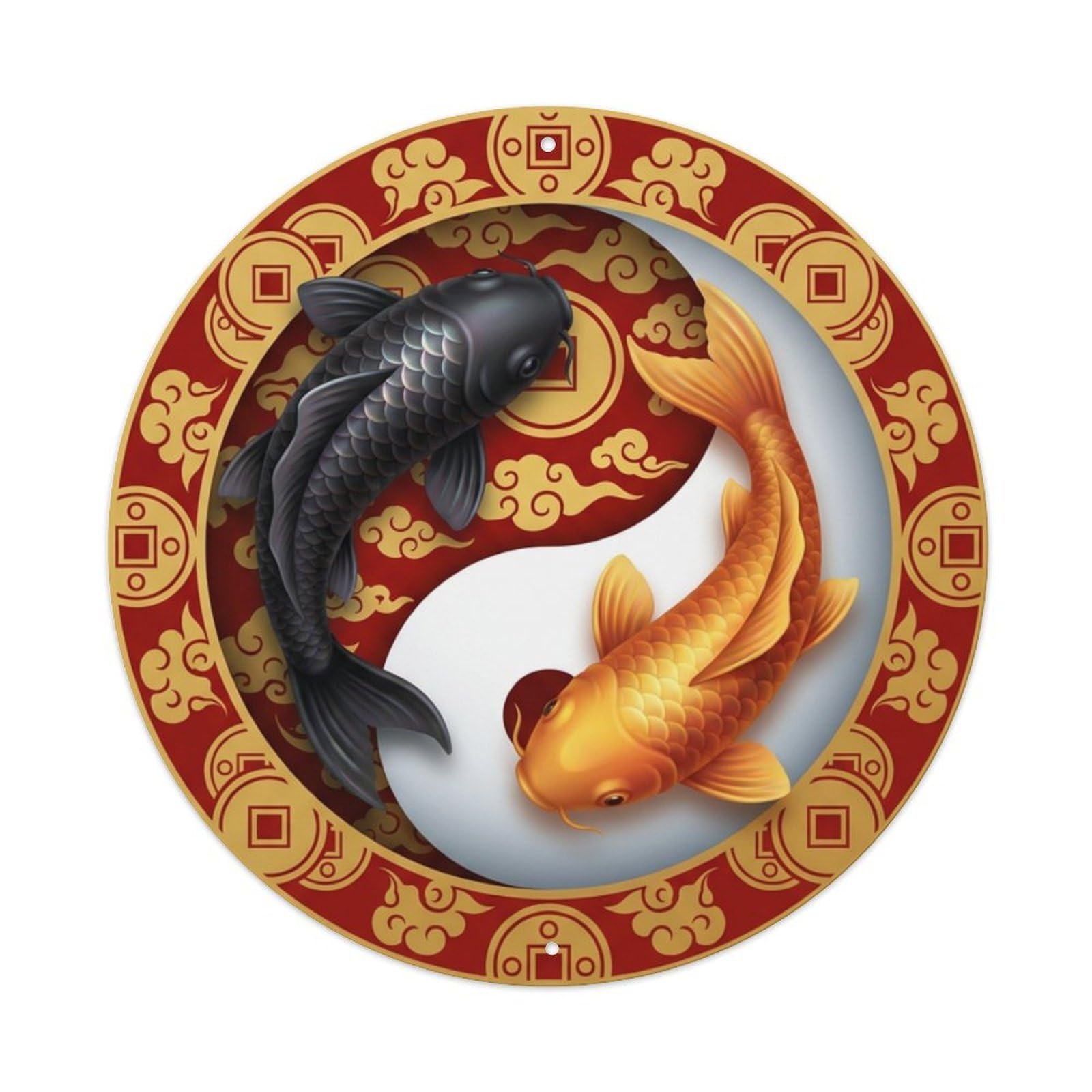 Metal Tin Sign Tai Chi Koi Fish Gold Coin Riches