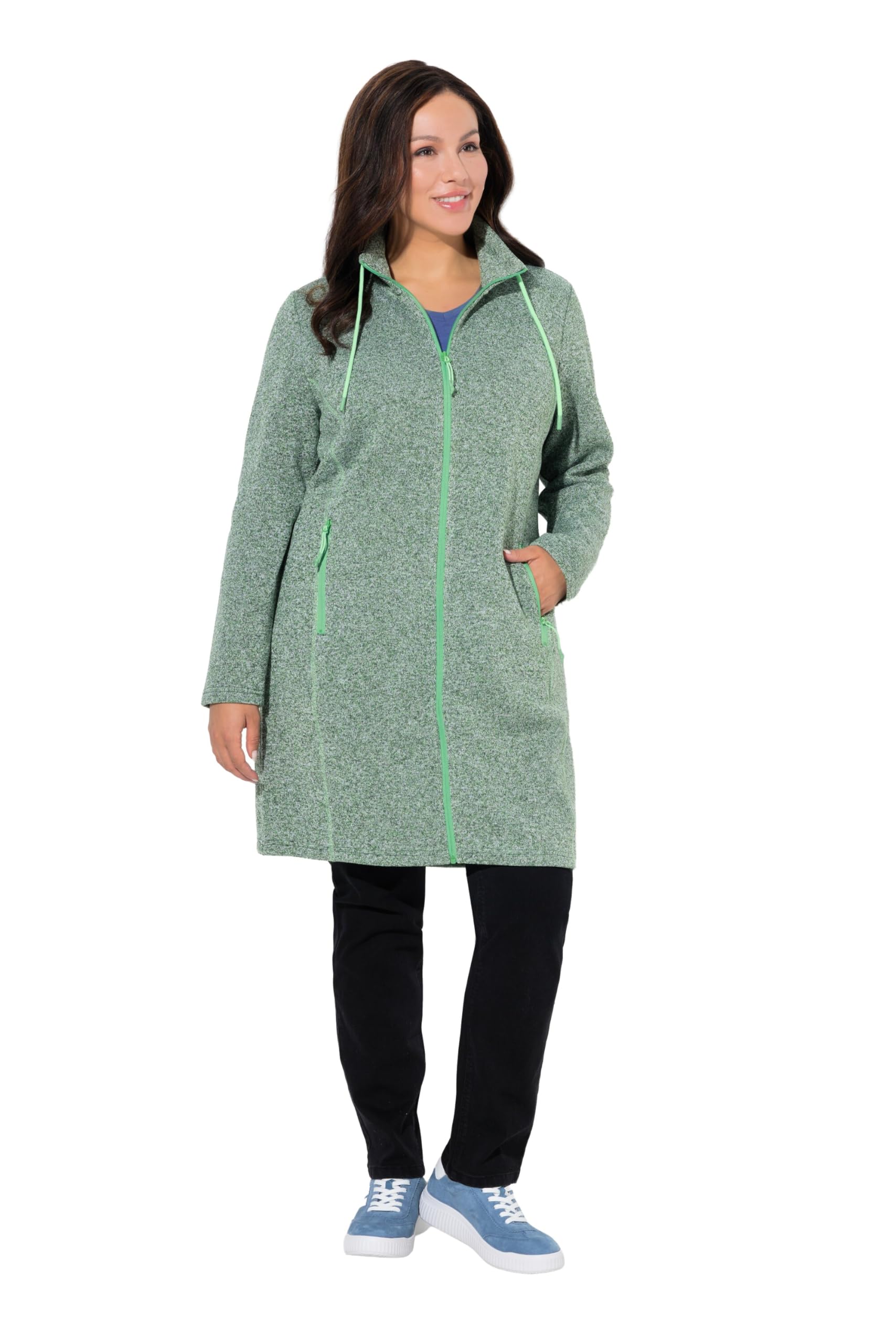 Ulla Popken Damen große Größen Übergrößen Plus Size Strickfleecejacke, Stehkragen, lang, Zipptaschen 837204