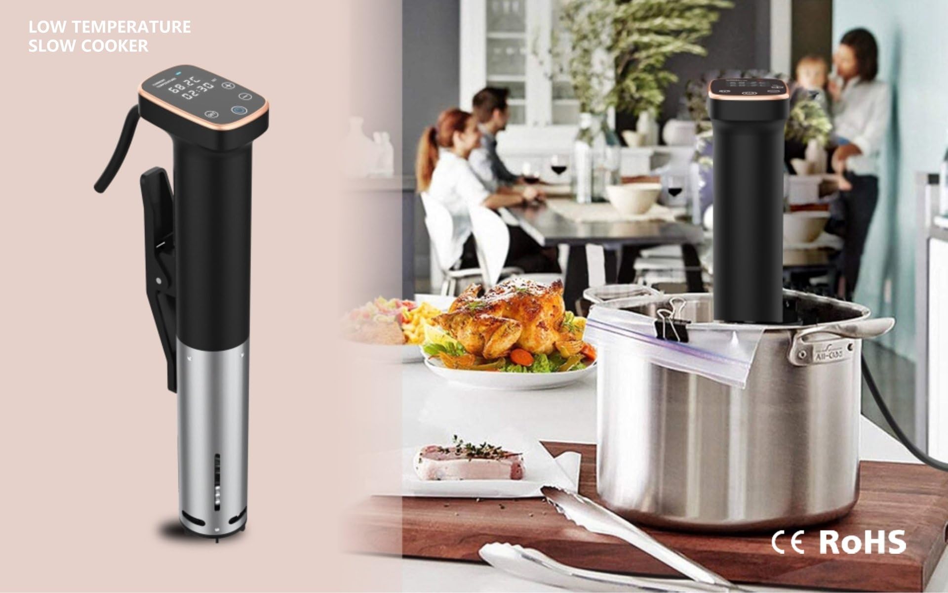 Urządzenie sous vide, kuchenka sous vide o mocy 1400 W z ekranem dotykowym LED i timerem, szybkim cyklem ogrzewania i bezszczotkowym silnikiem prądu stałego,