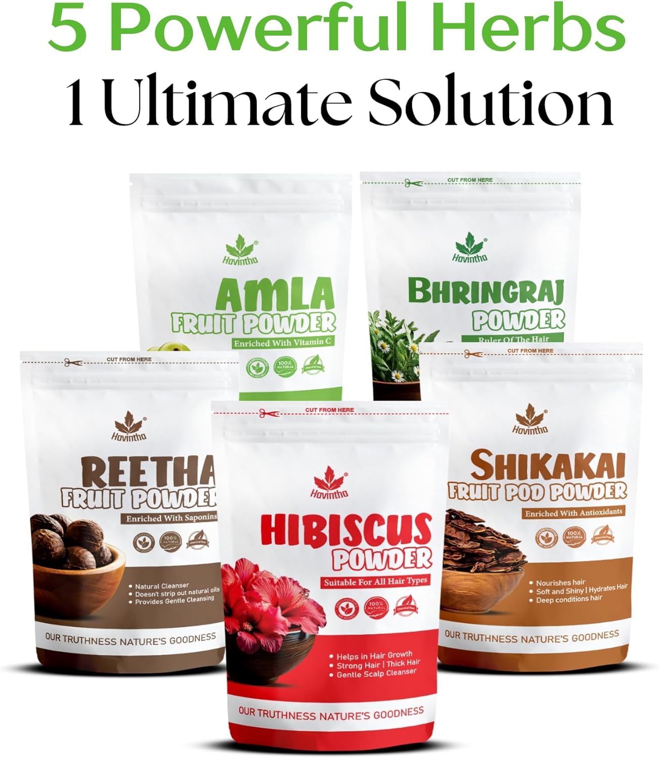 Havintha Amla, Reetha, Shikakai, Bhringraj e Hibisco en polvo para el cuidado del cabello (cada uno 50 g)