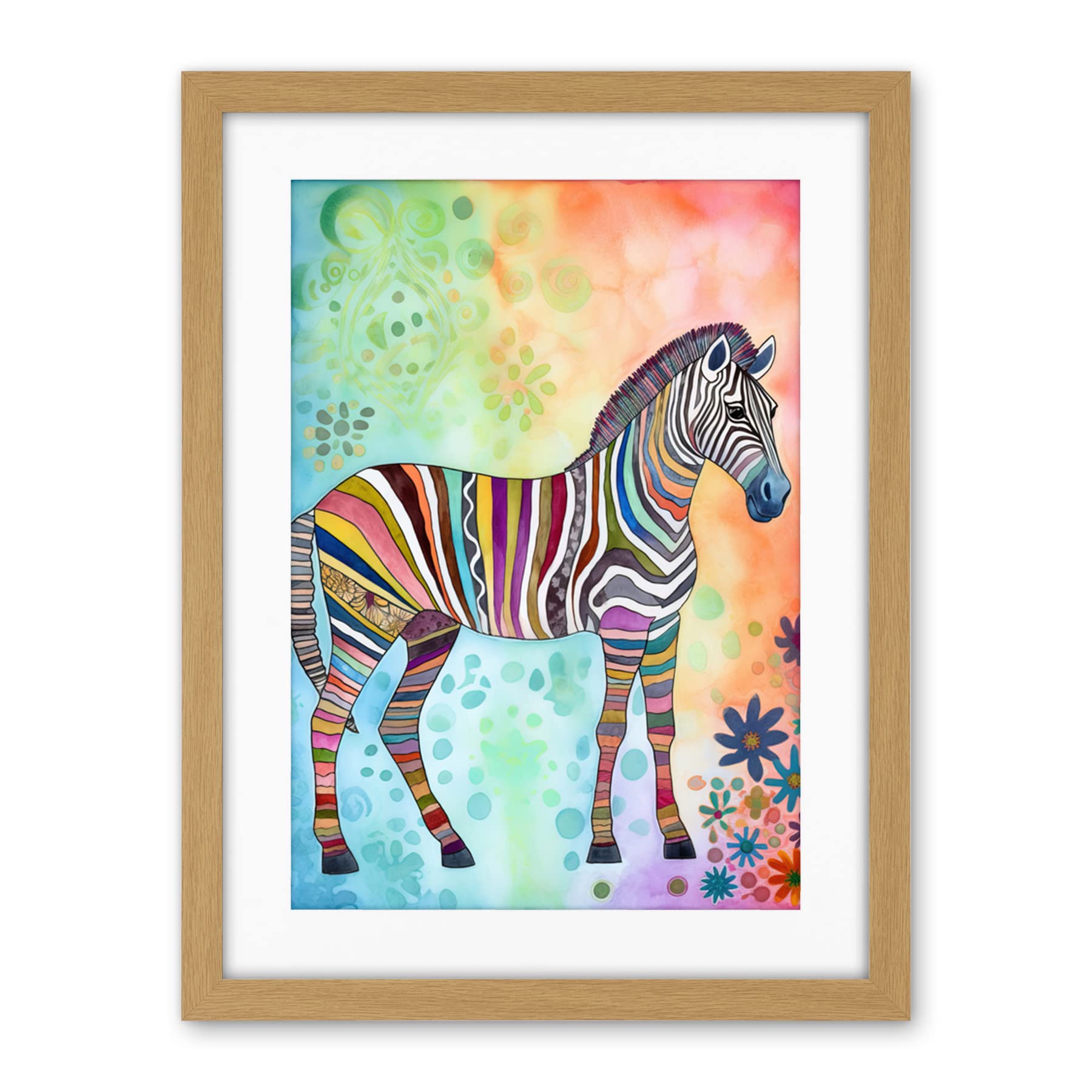 Artery8 Rainbow Floral Zebra Folk Art Artwork Framed Wall Art Print 18X24 Inch