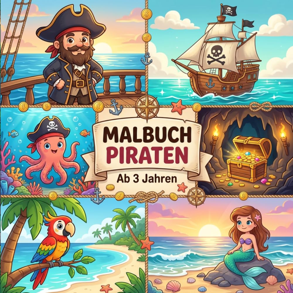 Malbuch Piraten für Kinder ab 3 Jahren — 40 Ausmalbilder: Piraten und Abenteuer | Lustige Crew, Auf dem Meer, Schätze und Ausrüstung, Auf der Insel | ... mit extra dicken Linien für Kleinkinder