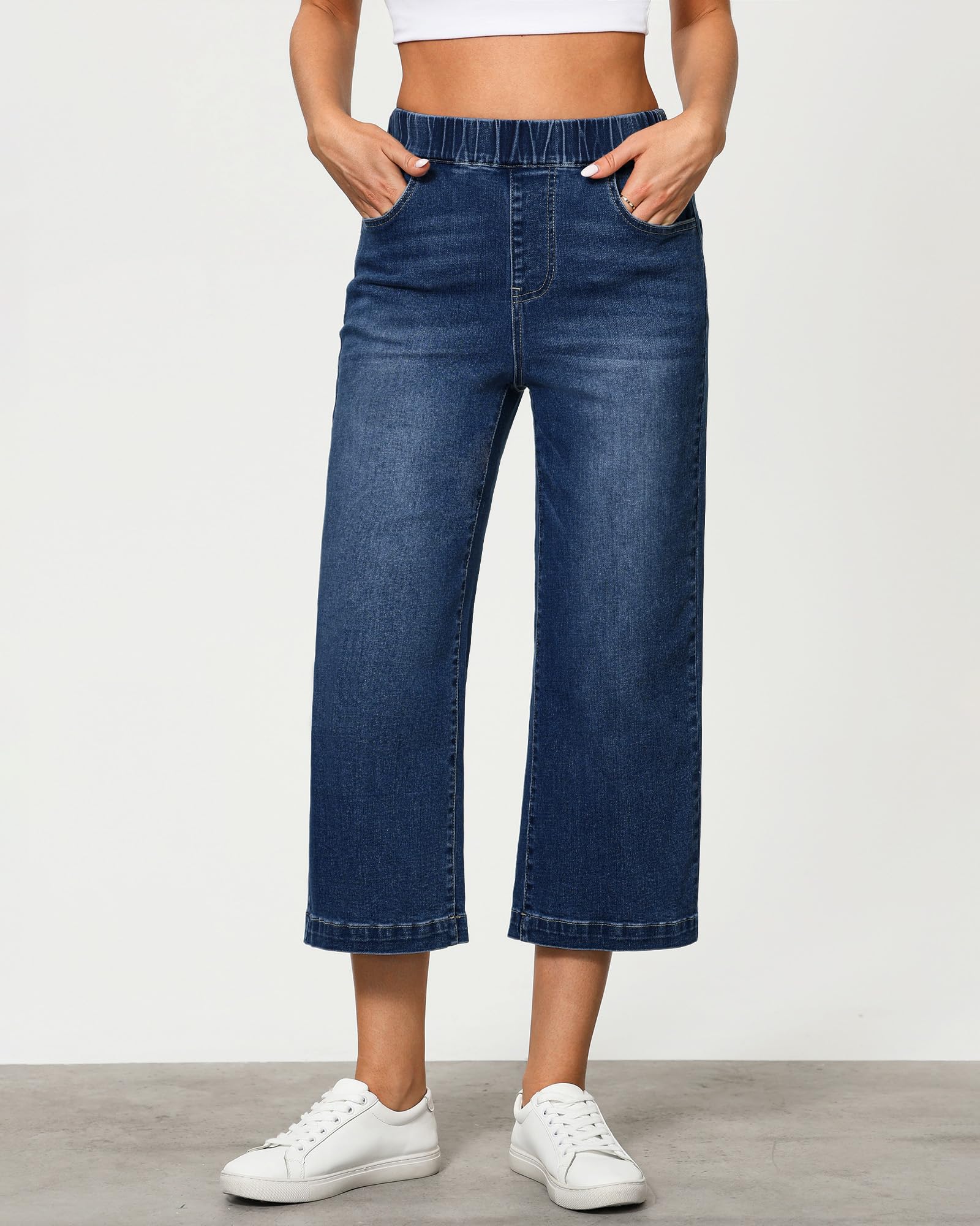 Vetinee Damen Jeans Weites Bein Baggy Hosen mit Gummizug High Waist Stretch Capri Jeans