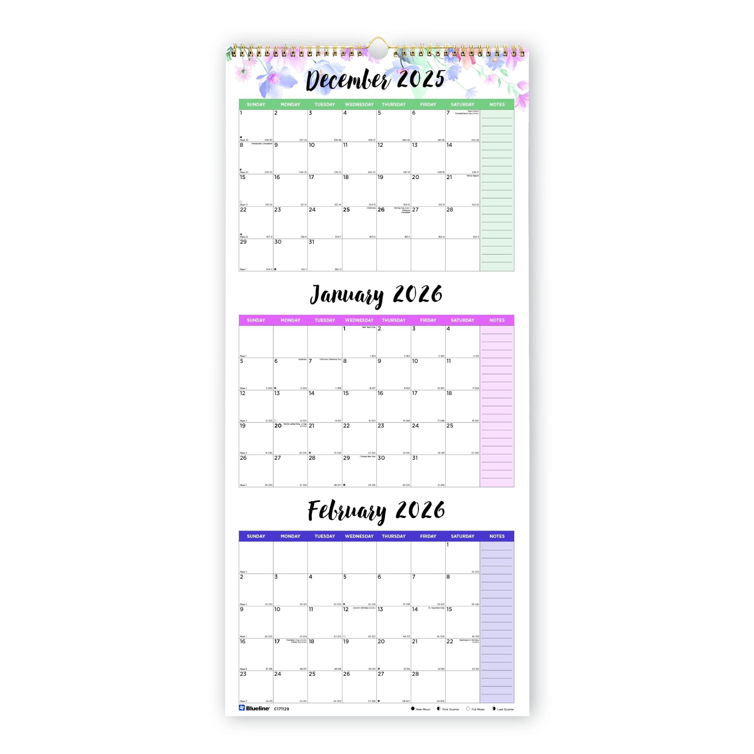 Blueline® 2026 Colorful Three-Month Wall Calendar, 14 Months, December 2025 to January 2027, Gold Twin-Wire Binding, 12.25" x 27", Passion (C171129-26