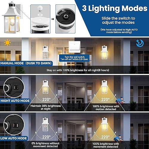 Miniatura 3 de HIHUOS Luces de porche con salida GFCI, sensor de movimiento del atardecer al amanecer, luz al aire libre, 3 modos de iluminación, luces de puerta