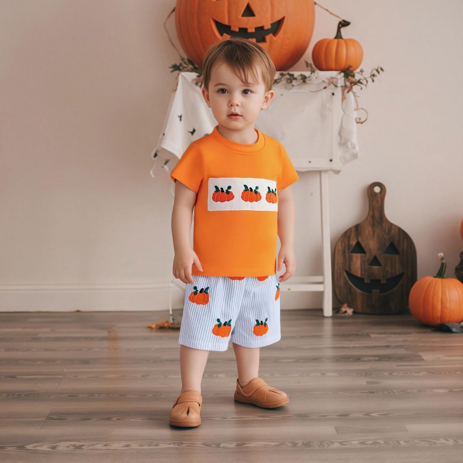 Karuedoo Halloween Toddler Baby Boy Outfit Pumpkin Embroidery Smocked Short Sleeve T-Shirt and Plaid Shorts Set Fall Clothes - Image 5