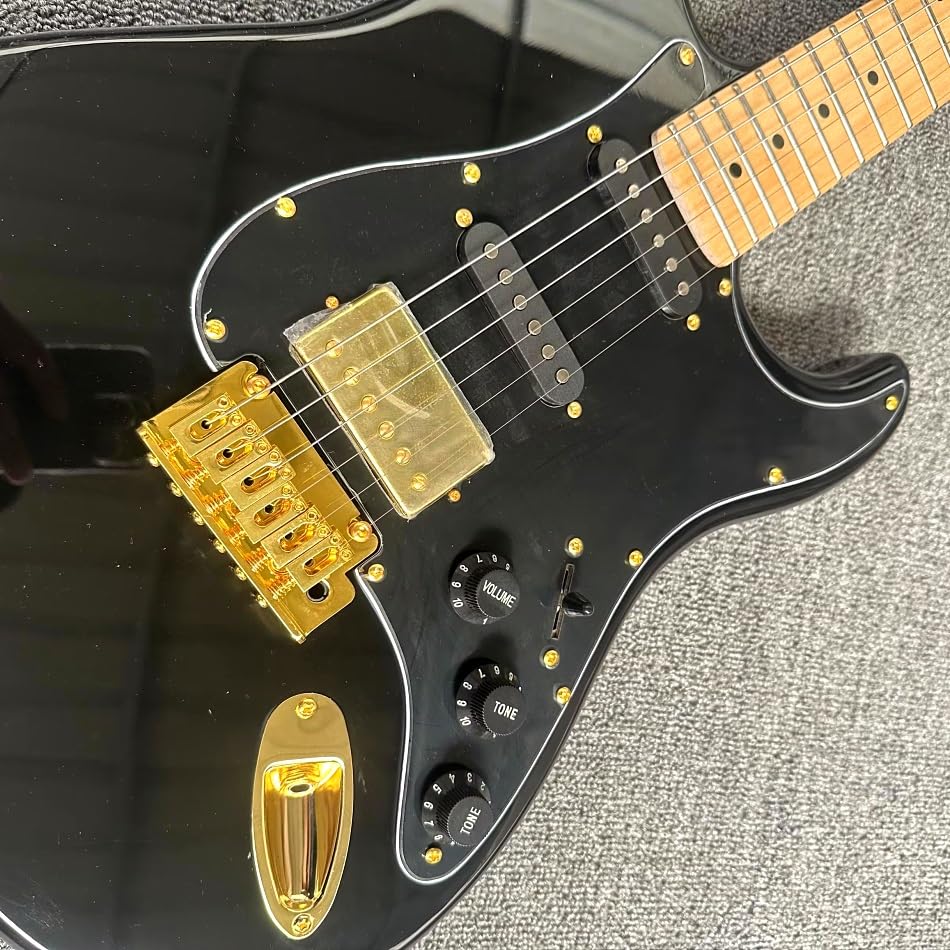 Chitarra elettrica nera personalizzata con tastiera in acero e hardware dorato - Guitarra Electrica professionale