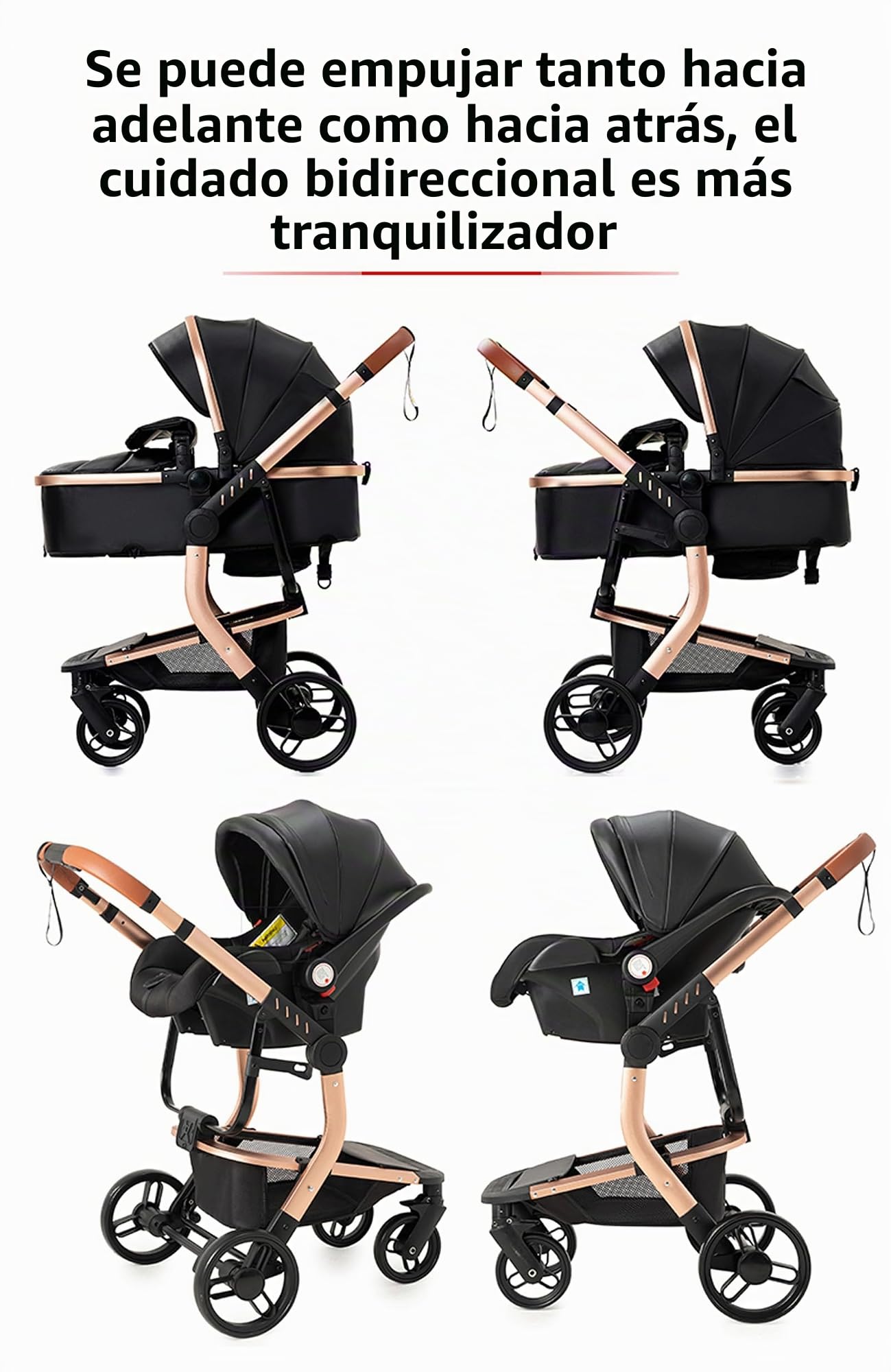 MoLi Cuero PU Carrito de Bebe 3 en 1, Carro Bebe 3 Piezas Plegado Conveniente con Un Solo Clic, Carrito Bebe con Modo de Doble Empuje Reversible, Cochecito Bebe 3 Piezas Paisaje Alto (518 Black)