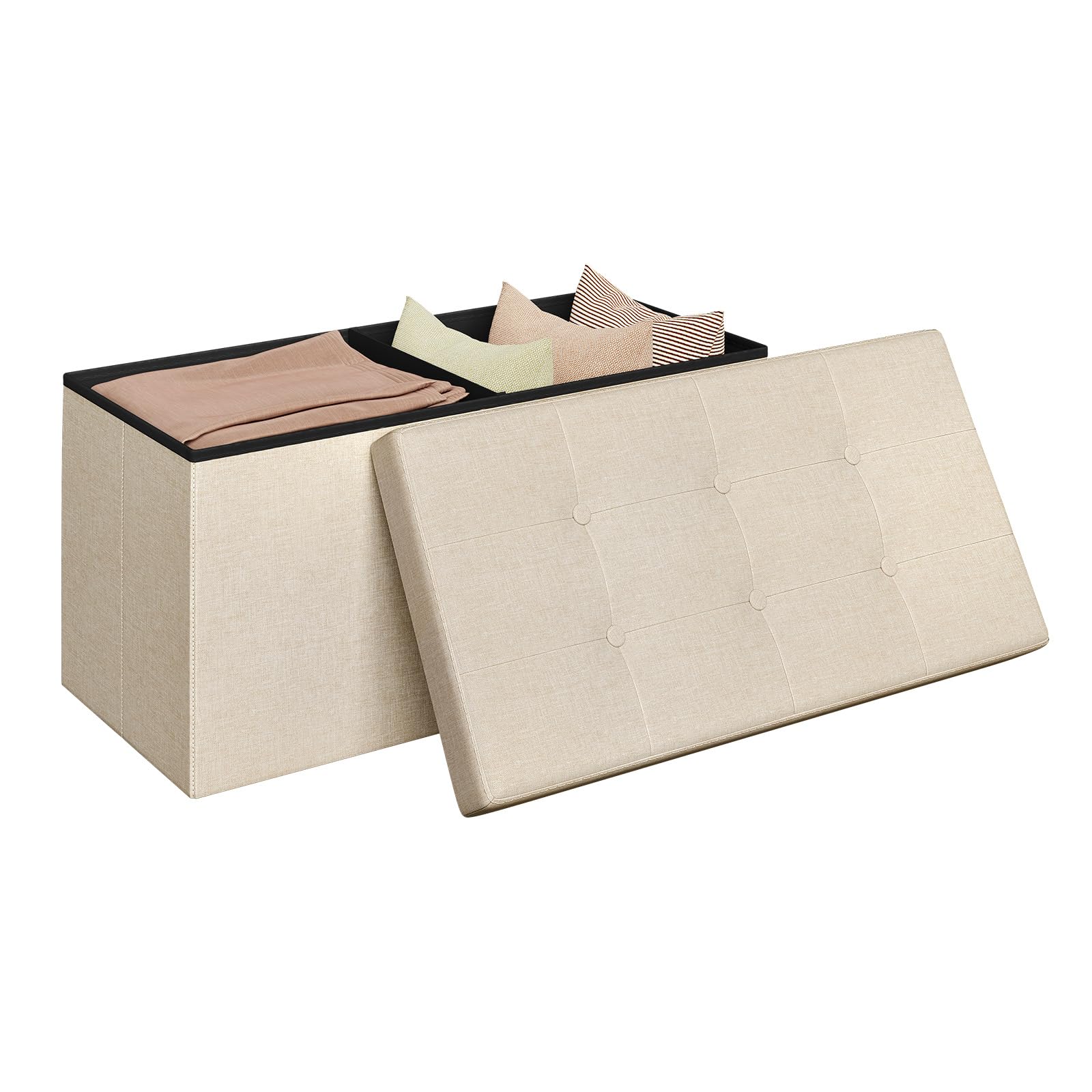 WOLTU Tabouret Banc de Rangement en Lin,Pouf Pliable, Cube Coffre de Rangement 76x37,5x38cm,Beige