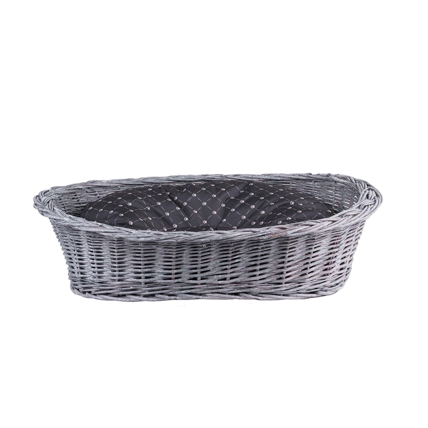 Cesta para perros de mimbre para perros y gatos, cama para perros y gatos, cama con cojín, cesta para animales trenzada, cesta para gatos (gris_negro, 80 x 60 cm, altura 26)