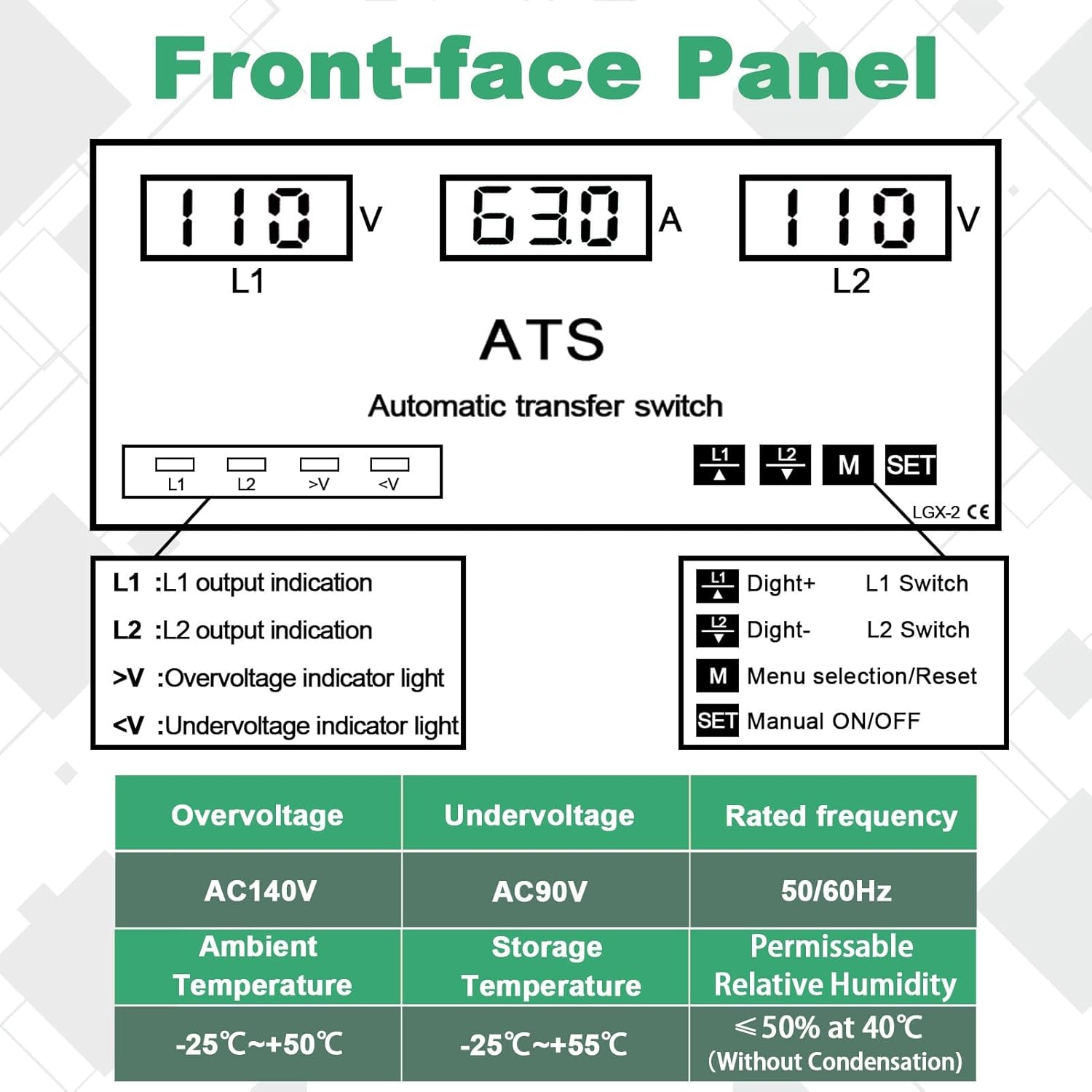 63A 110V Automatic/Manual Transfer Switch, L1 Priority Phase Selector, LED Display, Din Rail Mount, 50/60Hz, CE Certified ATS for Generator, Inverter, Public Power
