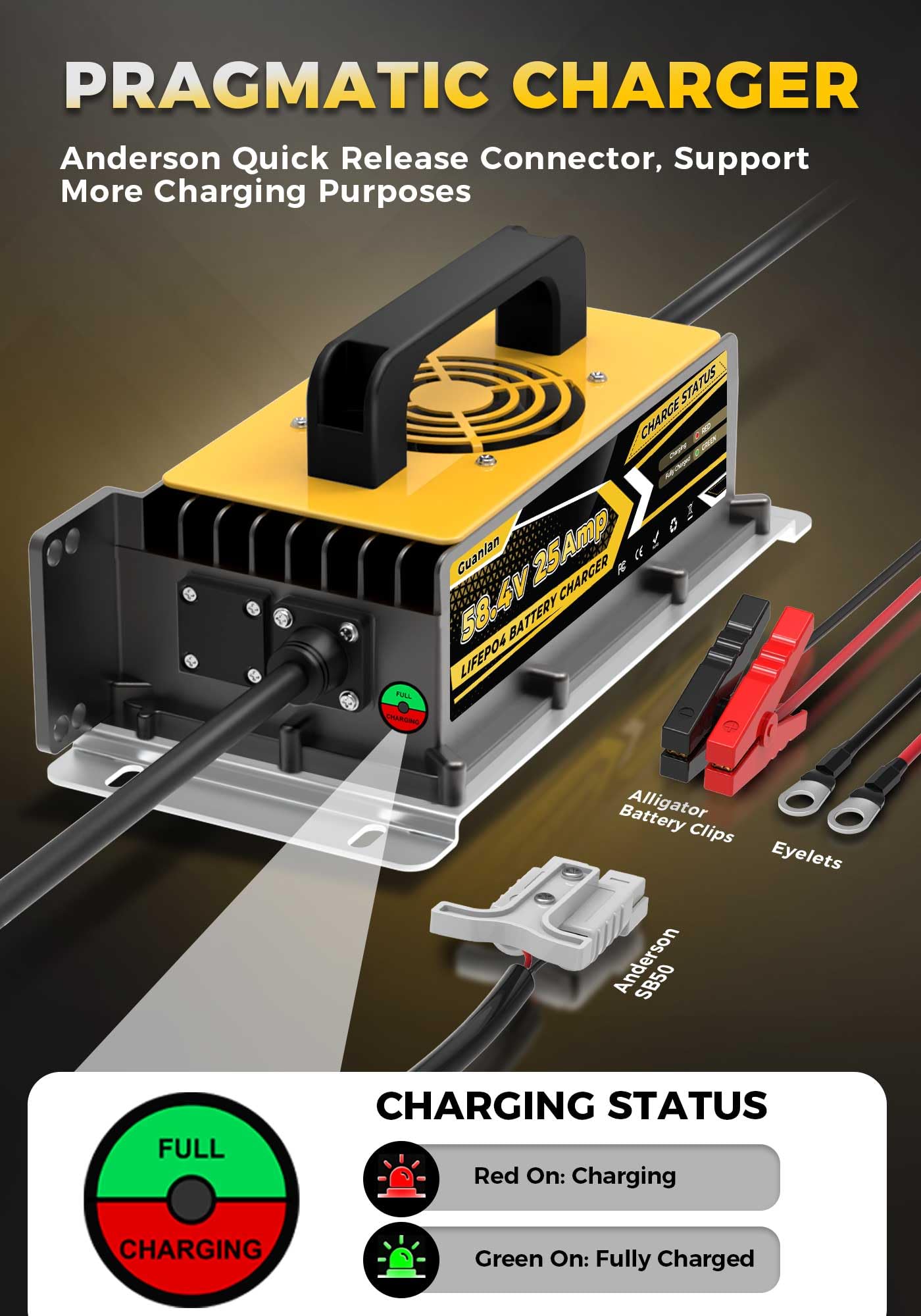 58,4V 25A Cargador de Batería Litio para 48V (51.2V) LiFePO4 Baterías, 48V Cargador de Batería LiFePO4 para Autocaravanas, Barcos, Vehículos Marinos y Sistemas Solar